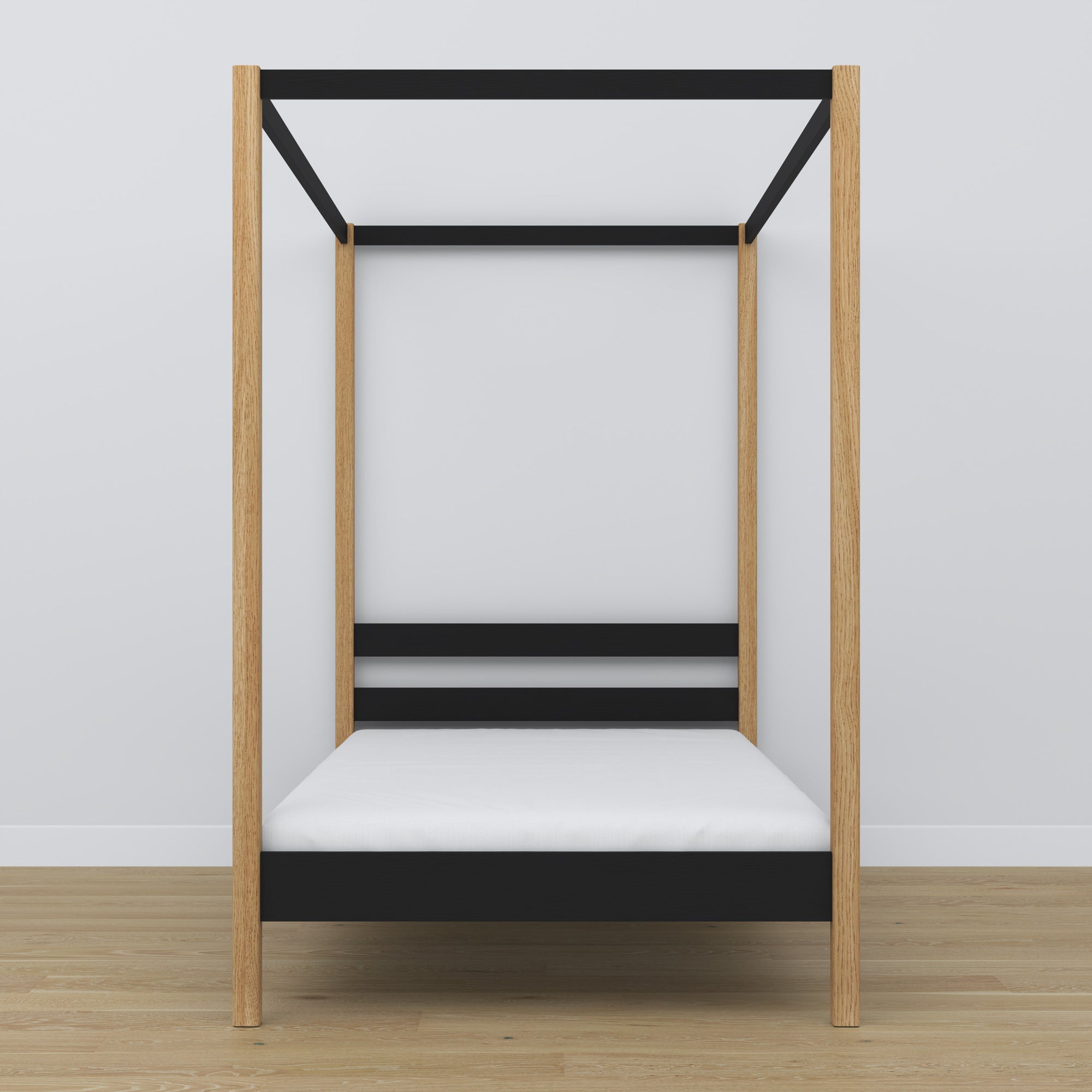 Hemelbed houten zwart-eiken – close-up van hemel en hoofdbord