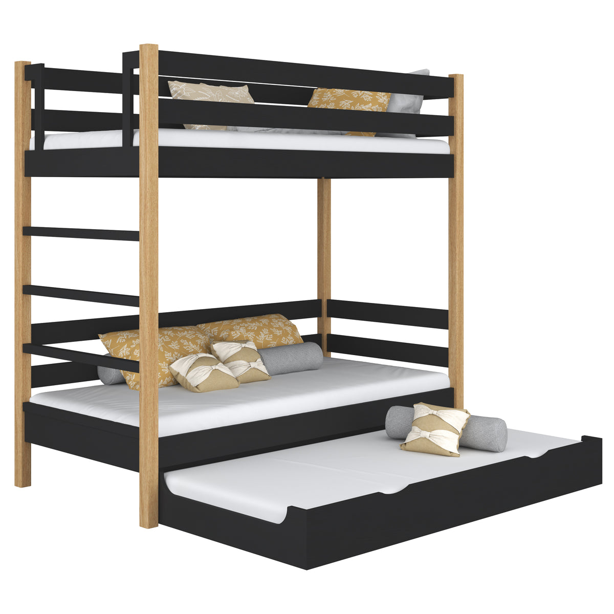 Stapelbed met matraslade houten zwart-eiken – kinderkamer scandi