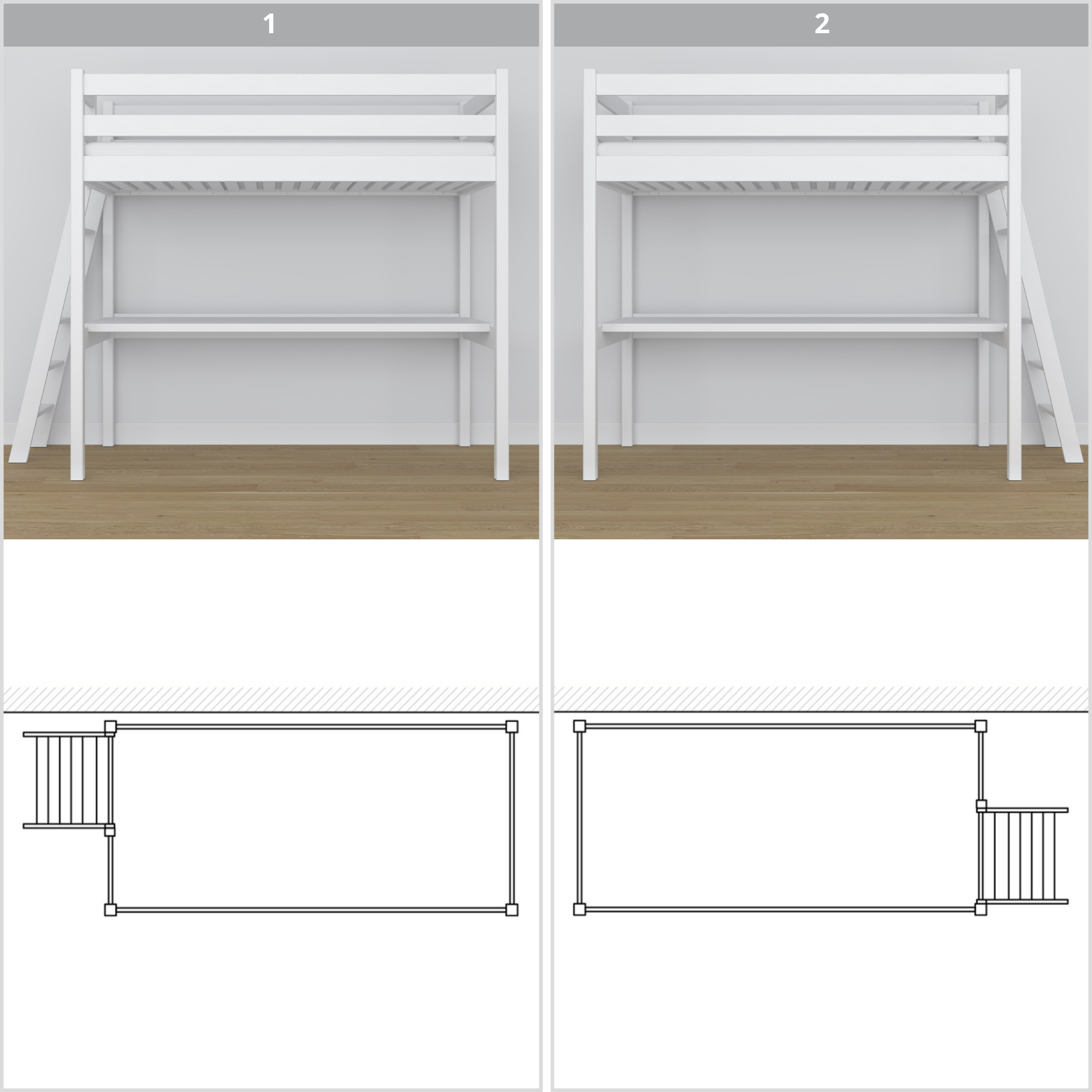 Lit mezzanine en bois blanc – vue du dessus na espace couchage