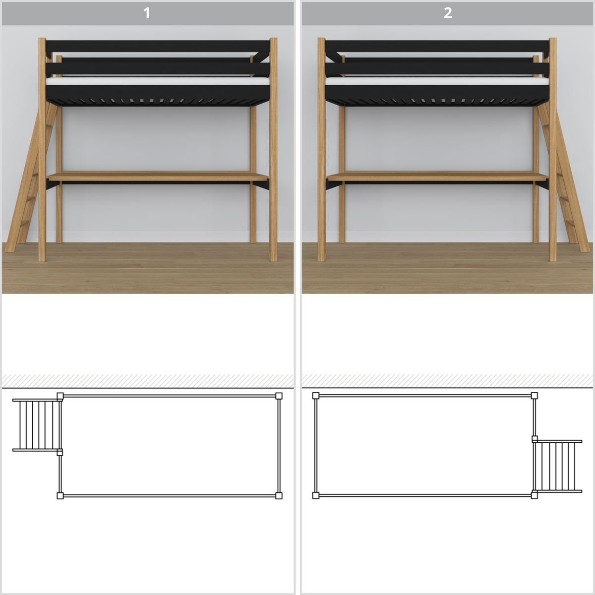 Black and Oak Wooden Loft Bed – Top View of Sleeping Area