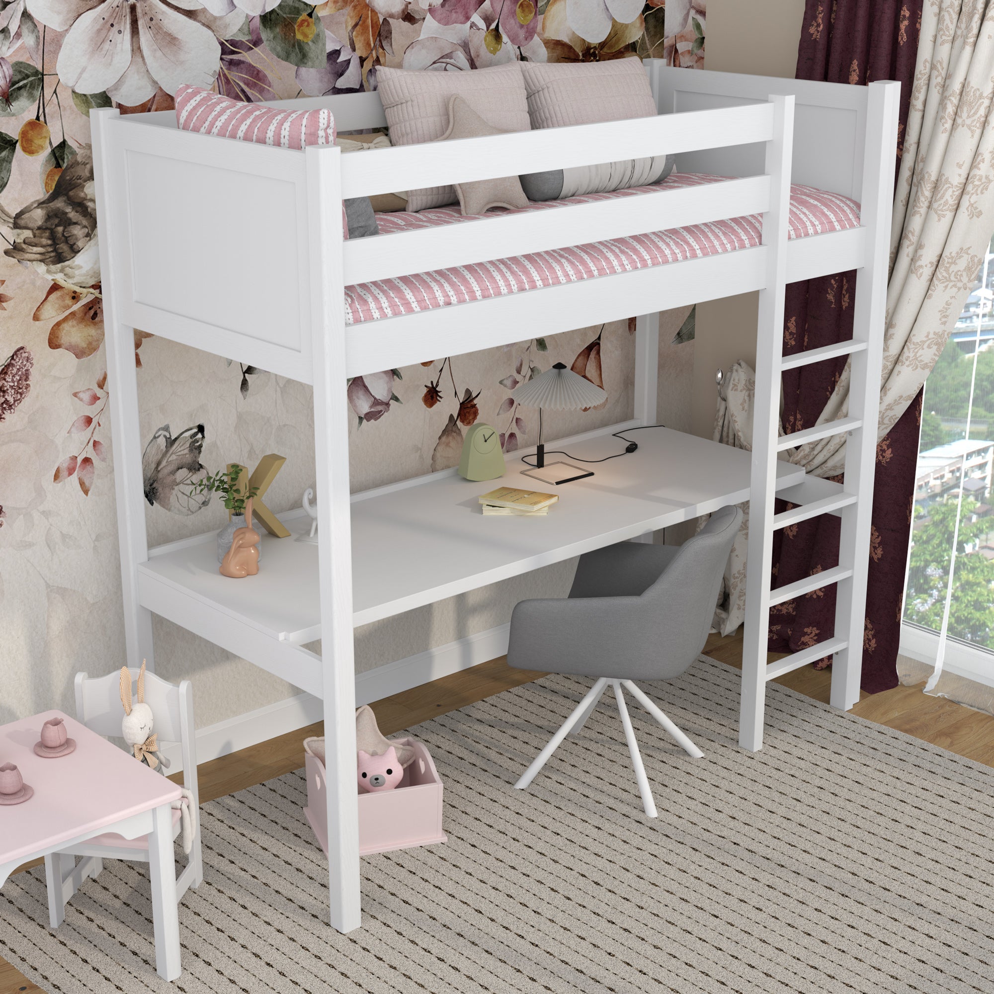 Lit mezzanine avec bureau en bois blanc – échelle i barrière ochronna