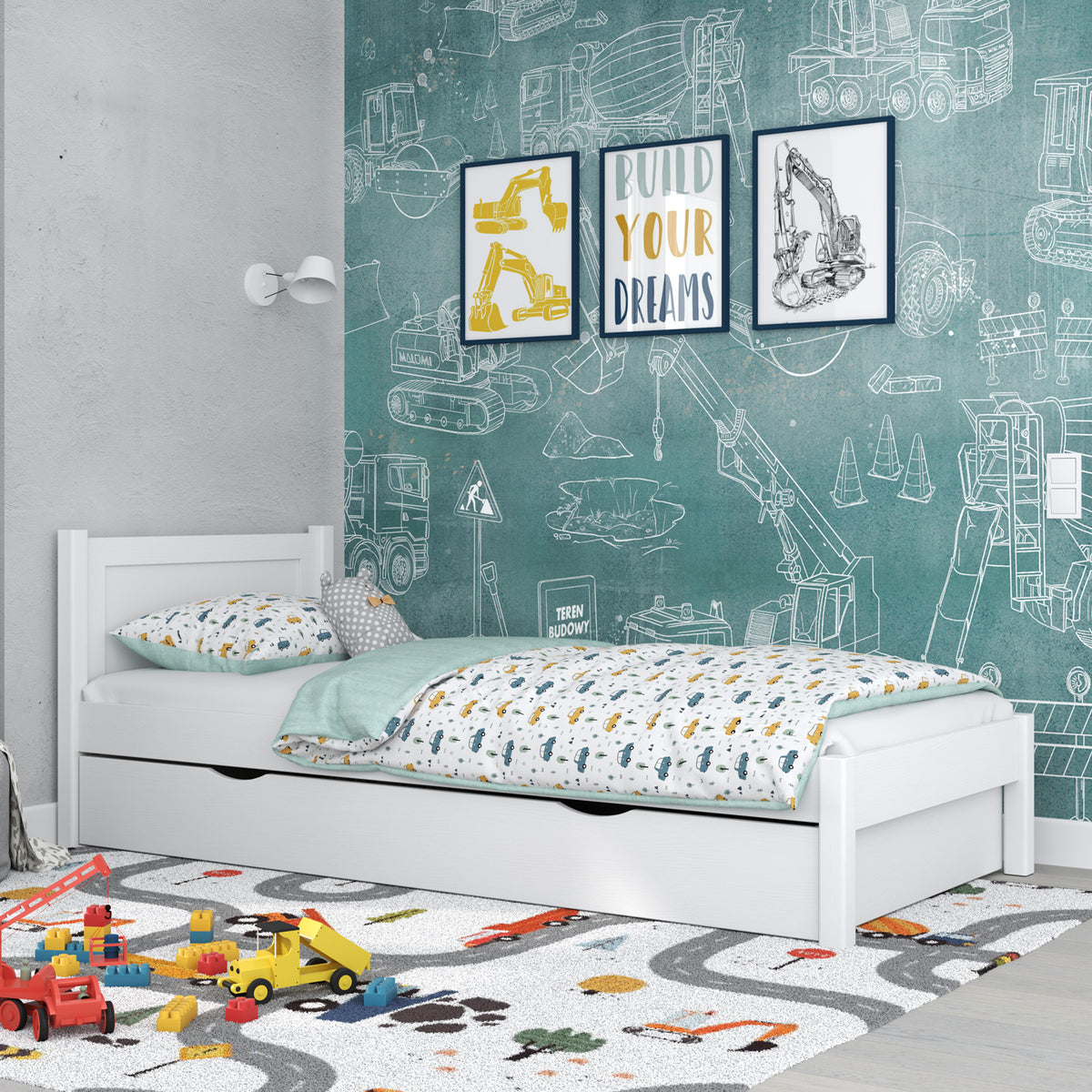 Eenpersoonsbed met lade van hout wit – kinderkamer, scandi stijl