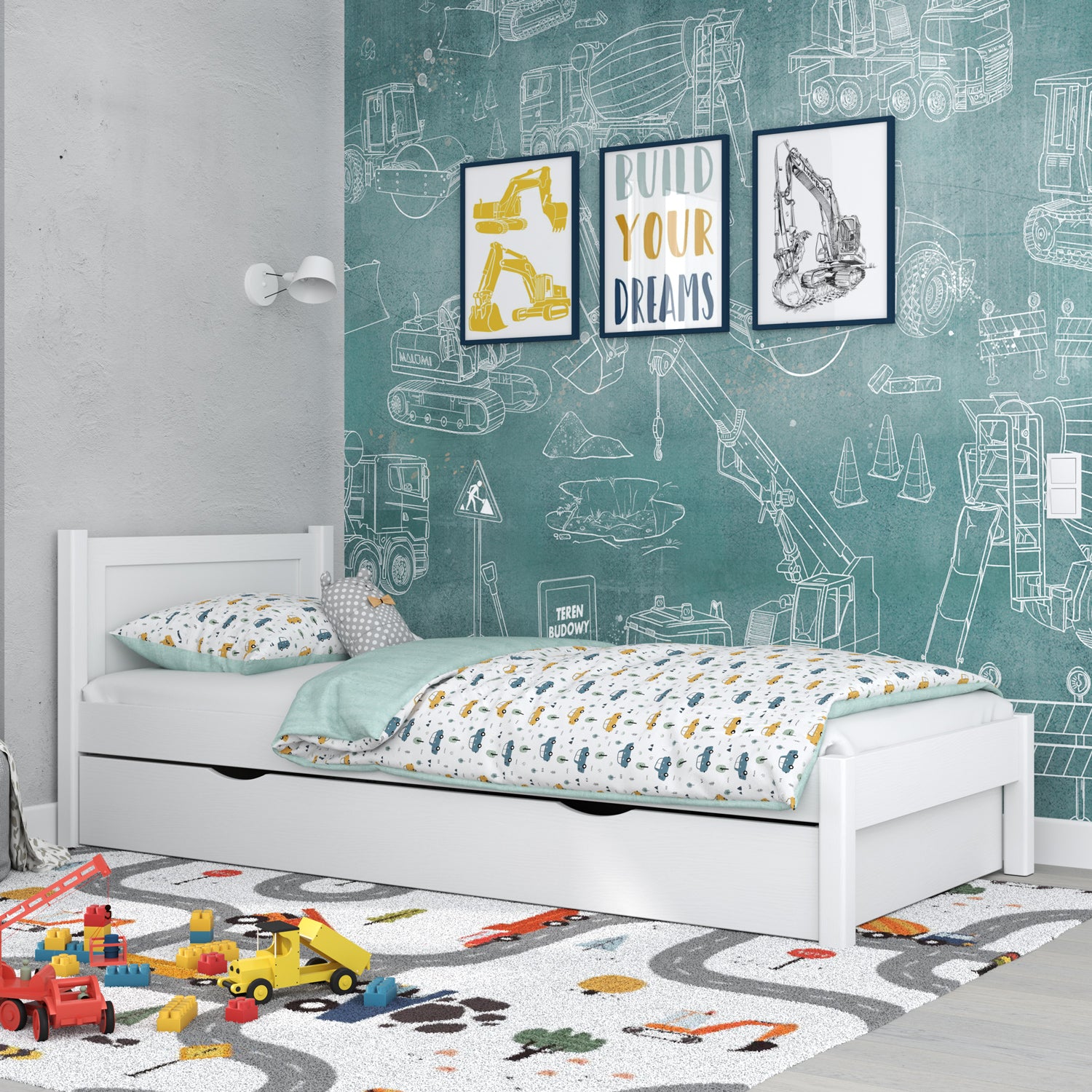 Eenpersoonsbed met lade van hout wit – kinderkamer, scandi stijl