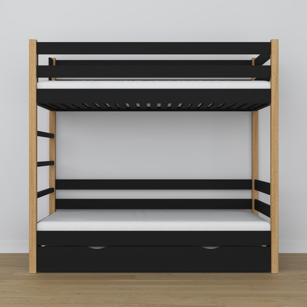 Stapelbed zwart-eiken – houten lattenbodem, matraslade