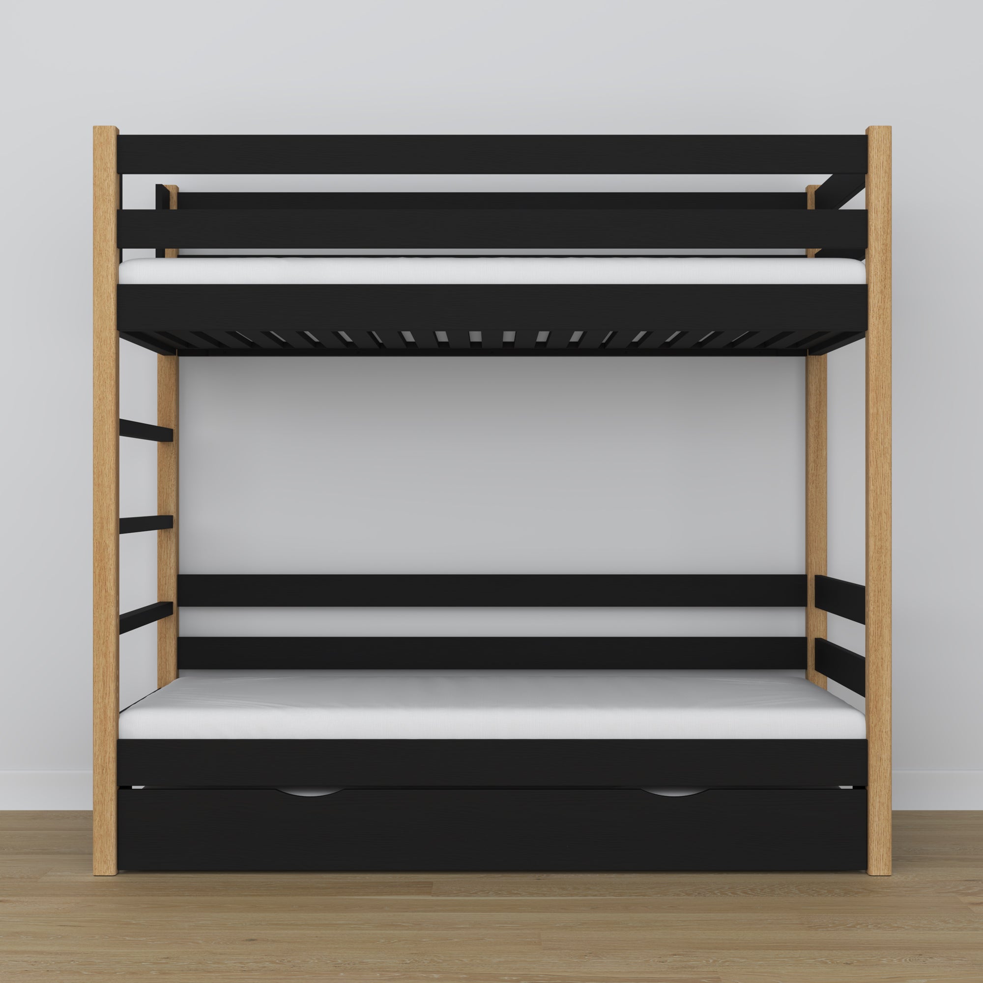 Stapelbed zwart-eiken – houten lattenbodem, matraslade