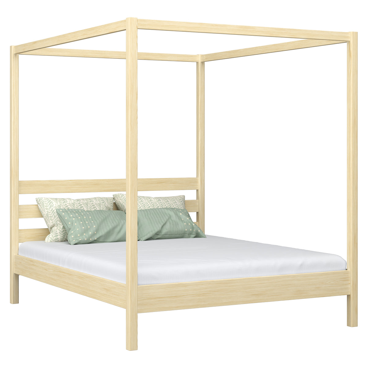 En bois lit double à baldaquin N01 pin incolore – vue générale, bois massif en pin