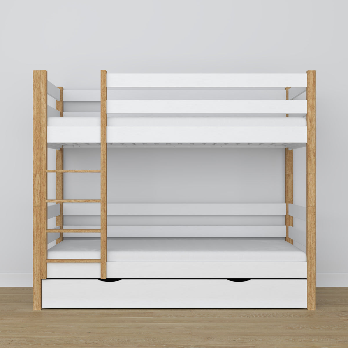 Stapelbed wit-eiken – houten frame met lattenbodem, zijaanzicht