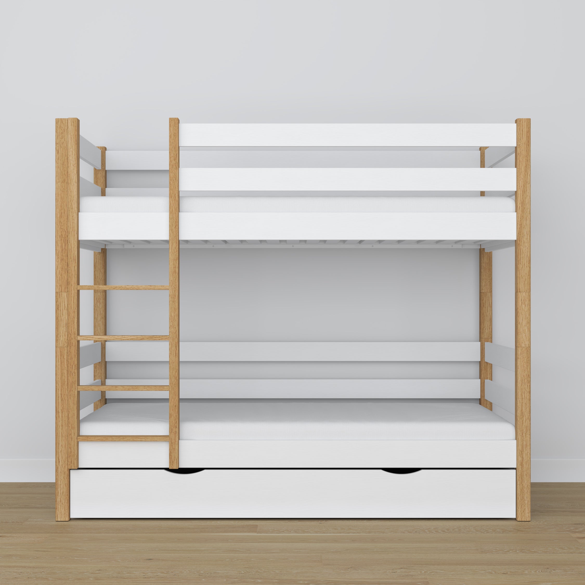 Stapelbed wit-eiken – houten frame met lattenbodem, zijaanzicht