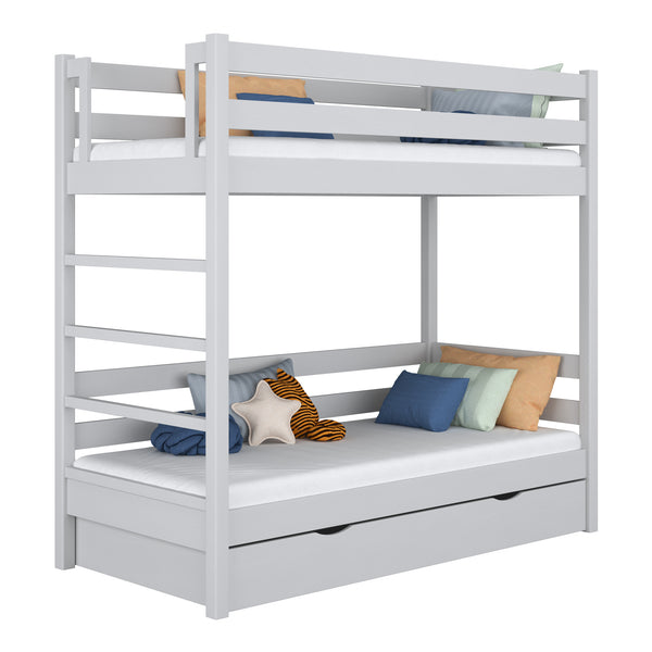 Lit superposé avec tiroir en bois gris – chambre d'enfant, bois massif, scandinave