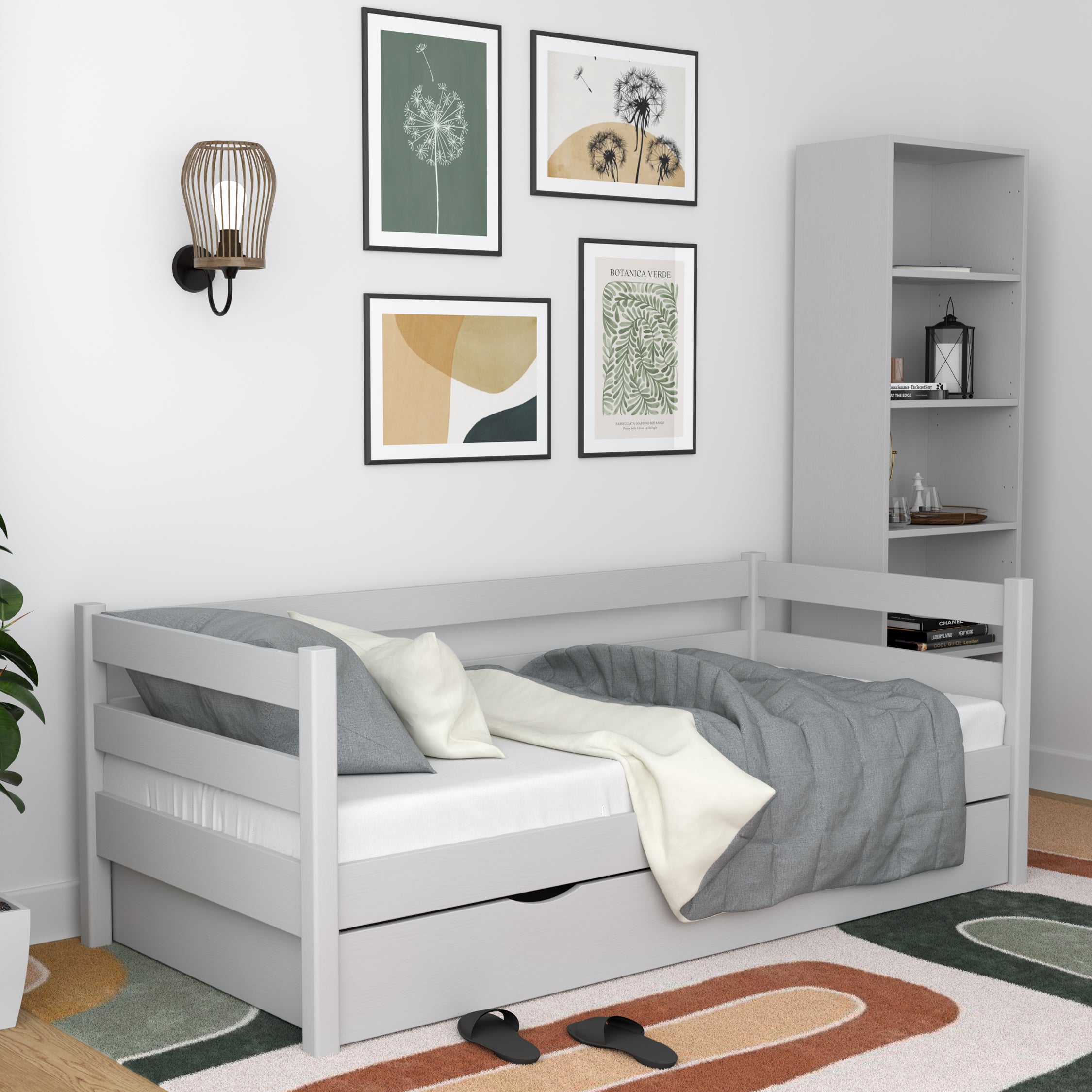 Slaapbank grijs – zijdelingse bedhekafscheiding houten, zijaanzicht, Nizio