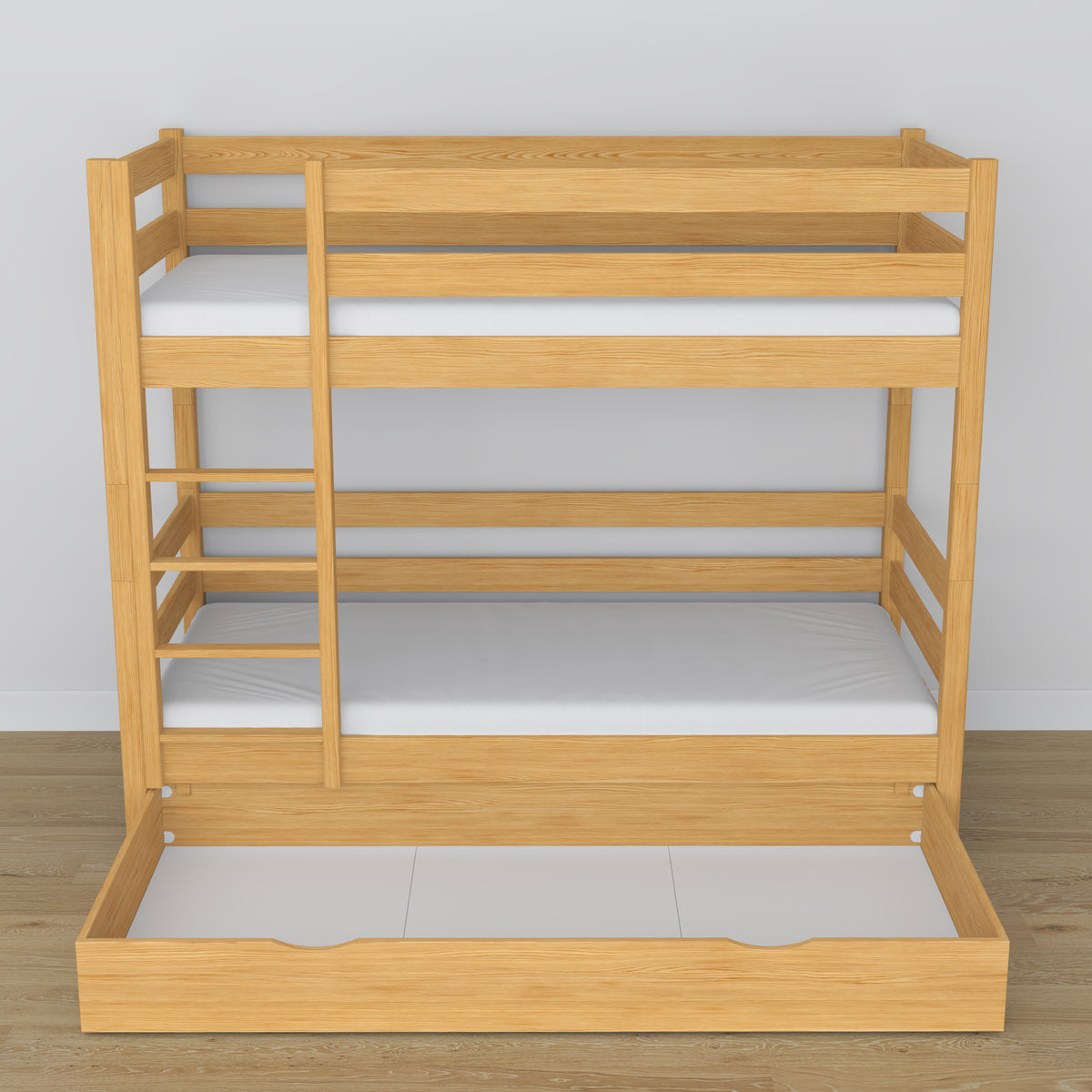 Stapelbed naturel grenen – houten frame met lattenbodem, zijaanzicht