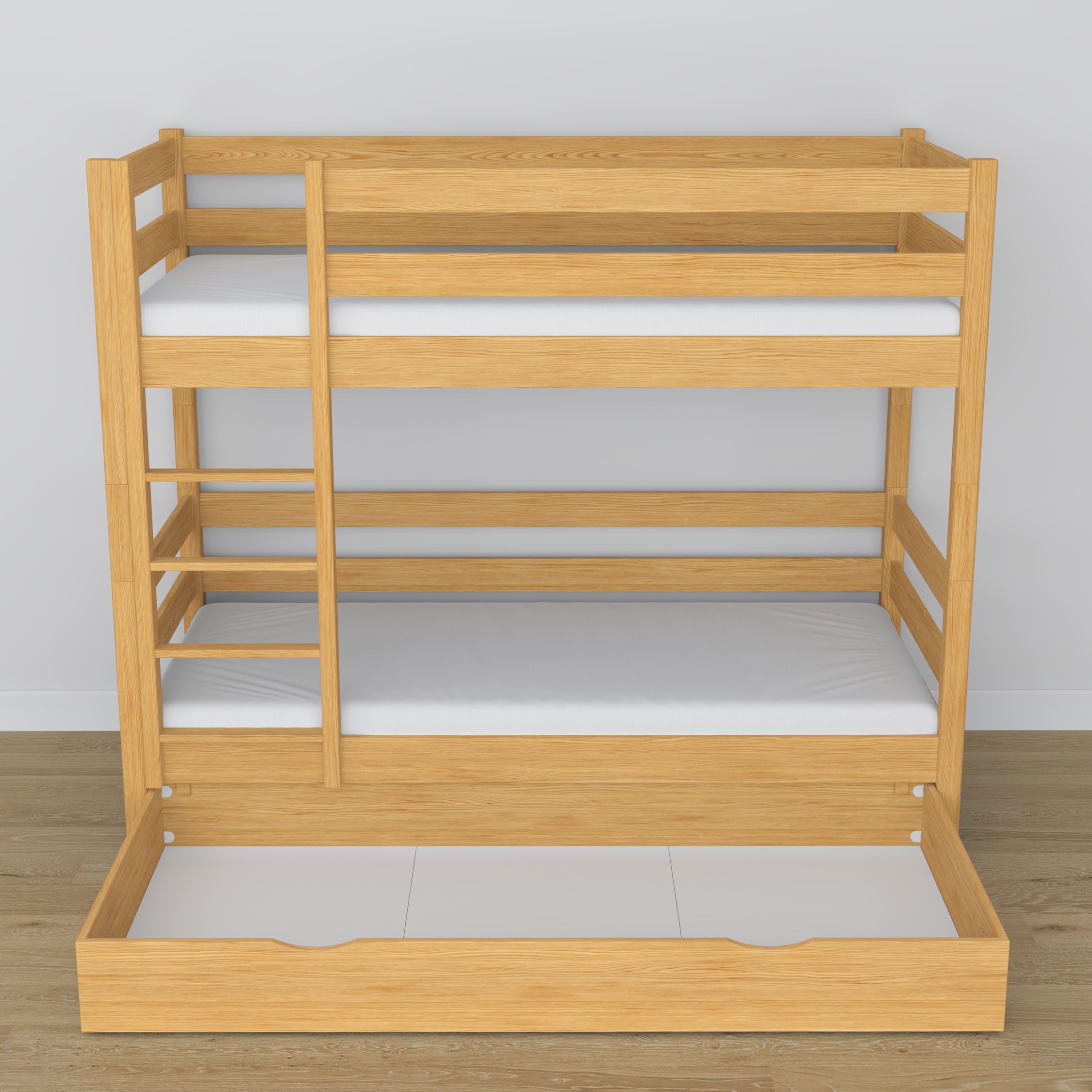Stapelbed naturel grenen – houten frame met lattenbodem, zijaanzicht