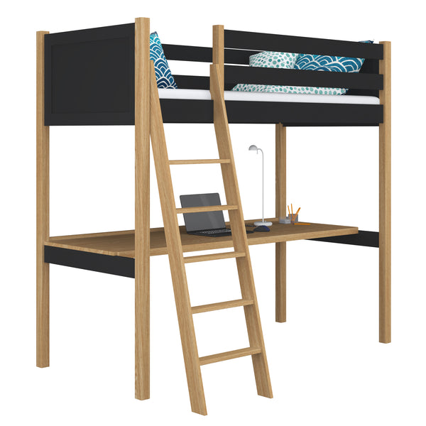 Lit mezzanine avec bureau en bois noir-chêne – chambre d'enfant, scandinave Nizio
