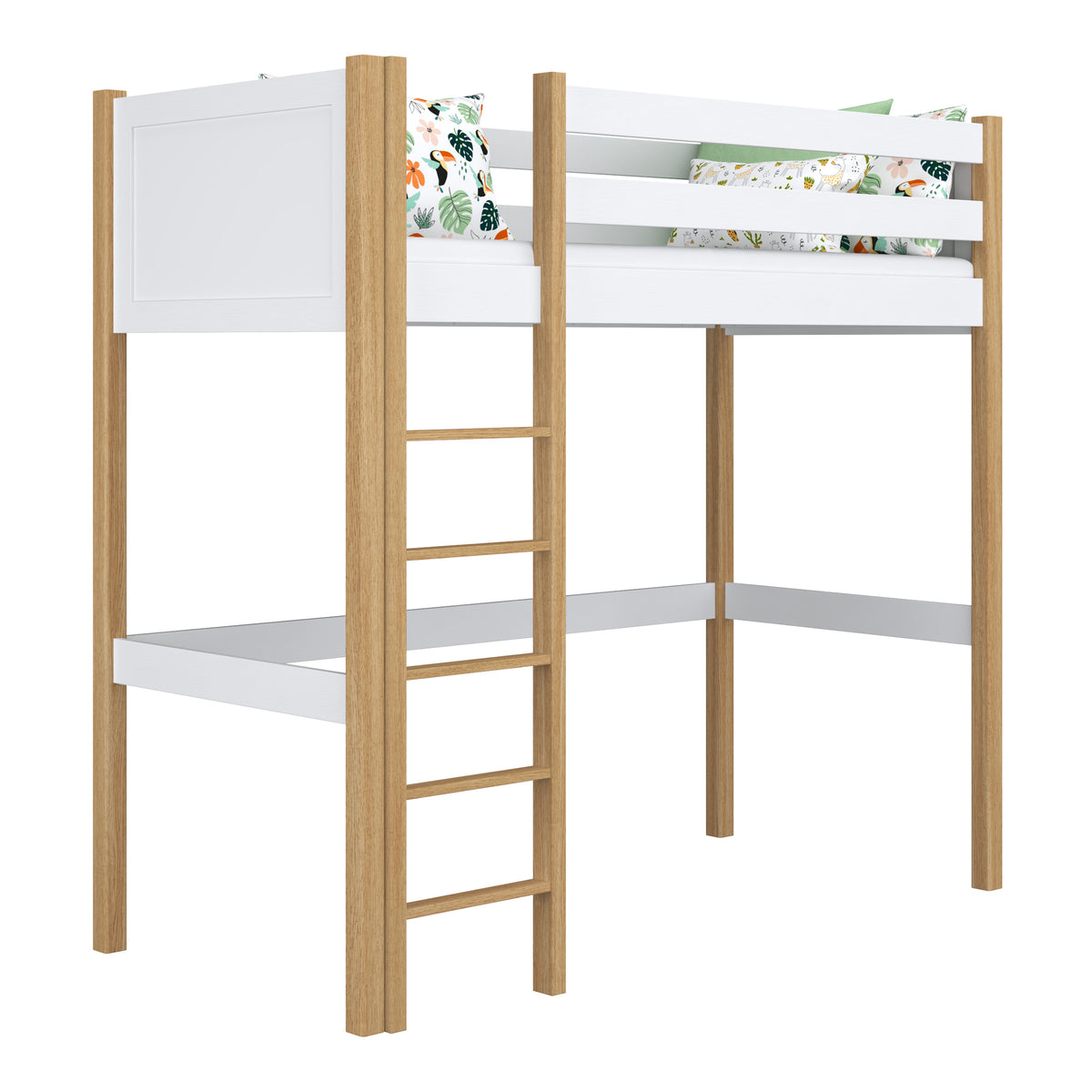 Hoogslaper wit-eiken – ladder en bedhek houten, Nizio Home