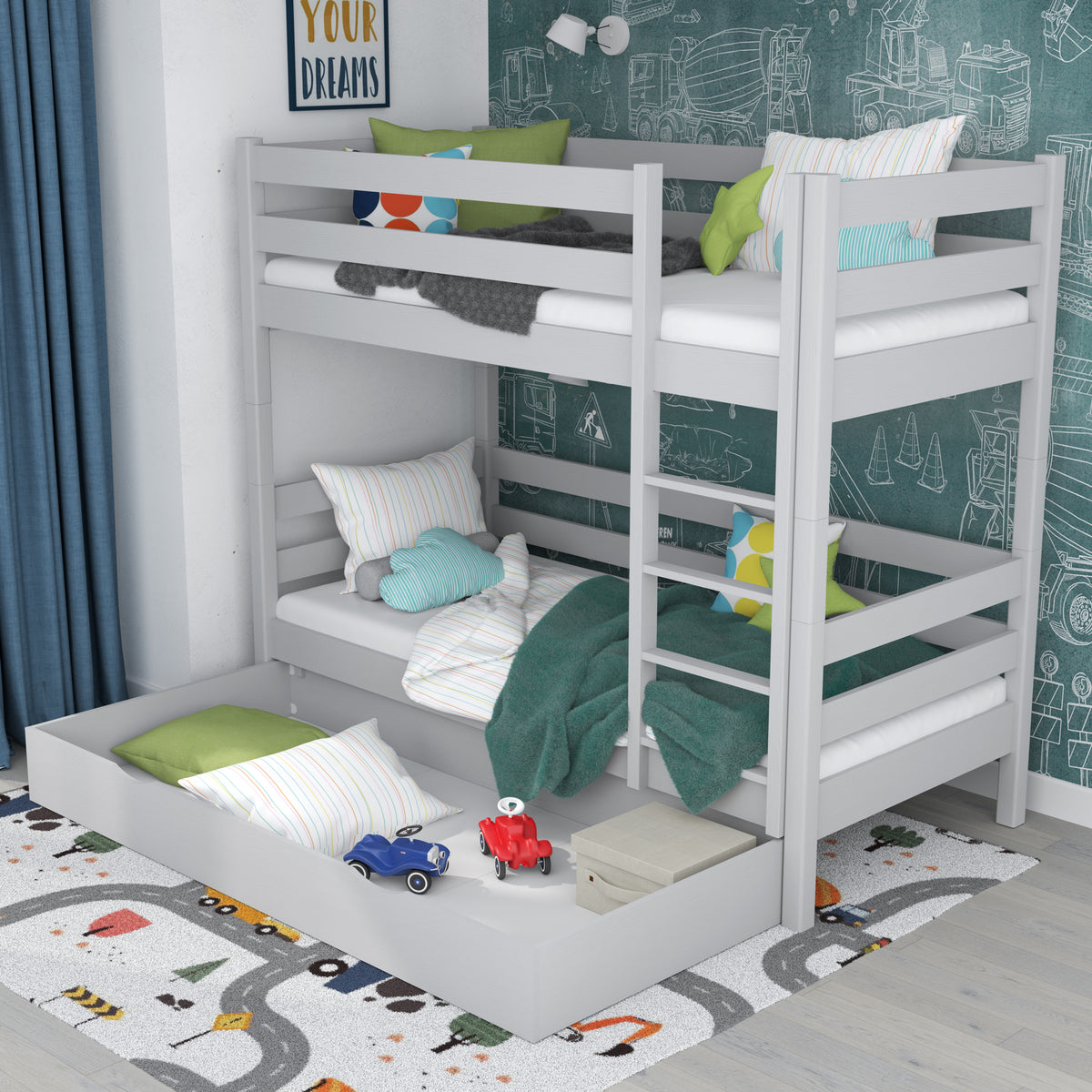 Stapelbed grijs voor kinderen – twee slaapplekken en lade, houten