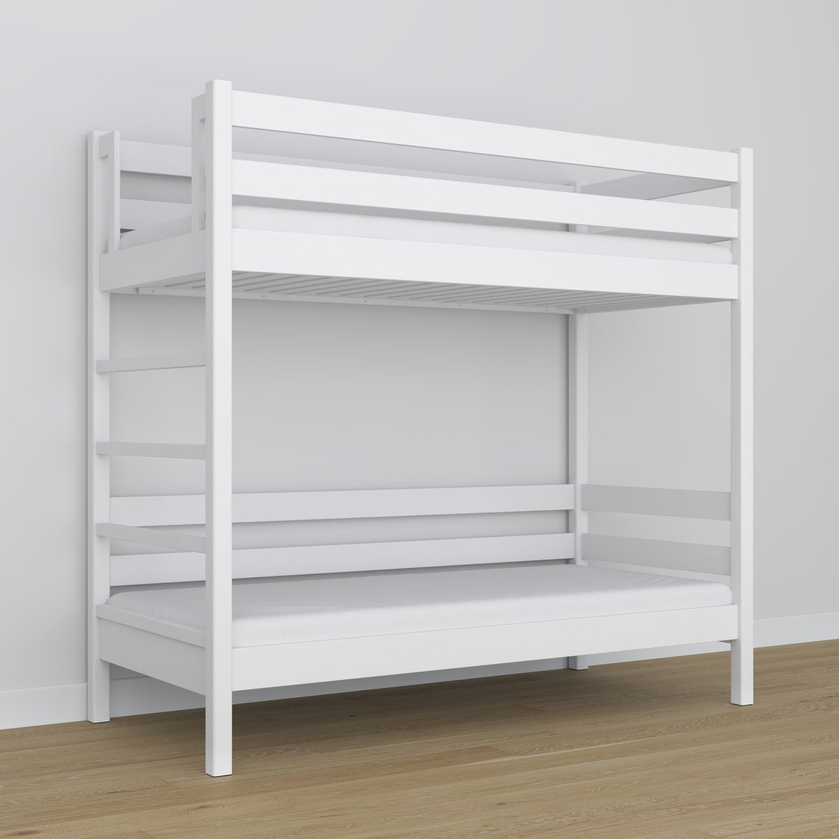 Stapelbed houten wit – close-up van verbindingen en houtdetails