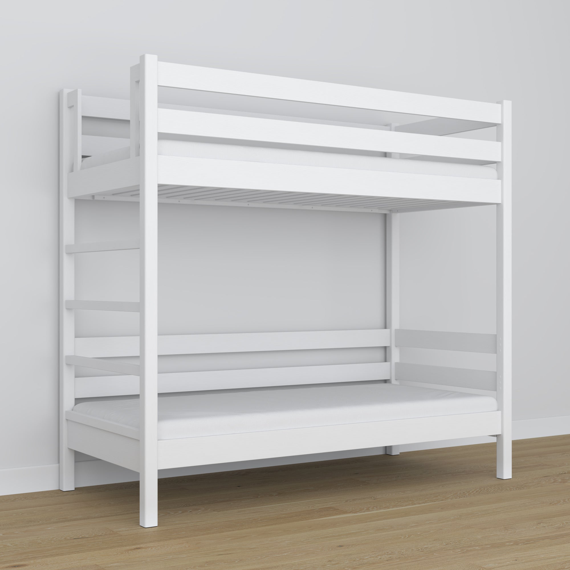 Stapelbed houten wit – close-up van verbindingen en houtdetails