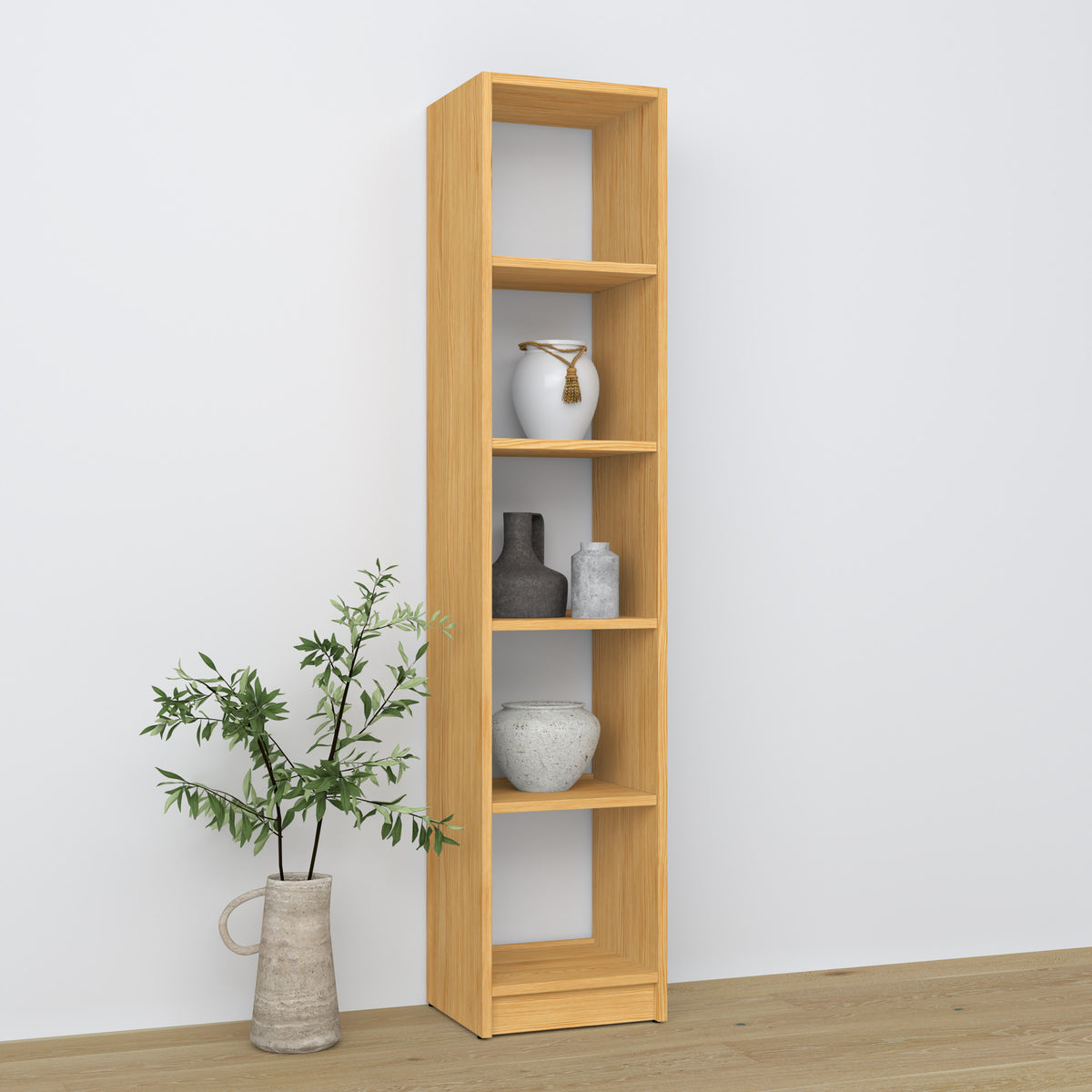 Bookcase natural pine – wooden, front view, all shelves, Nizio