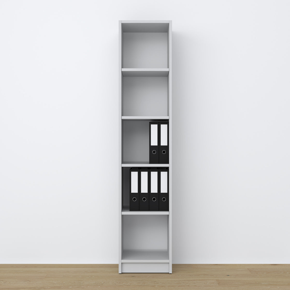 Bookcase wooden grey – close-up of shelves and details, Nizio Home