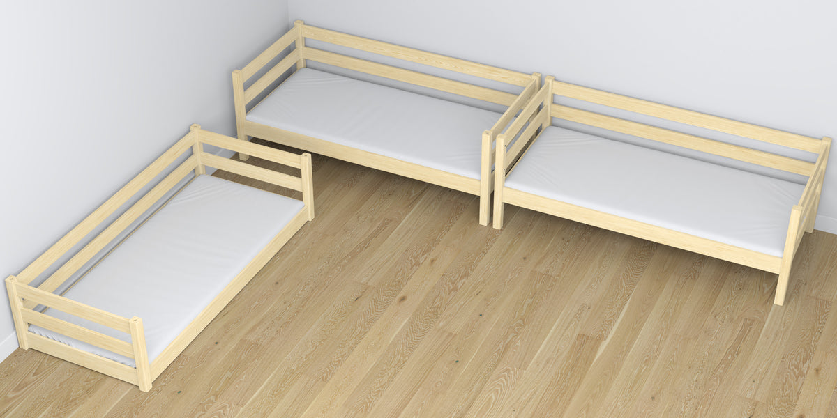 Drielaags stapelbed houten transparant grenen – close-up van verbindingen en constructiedetails