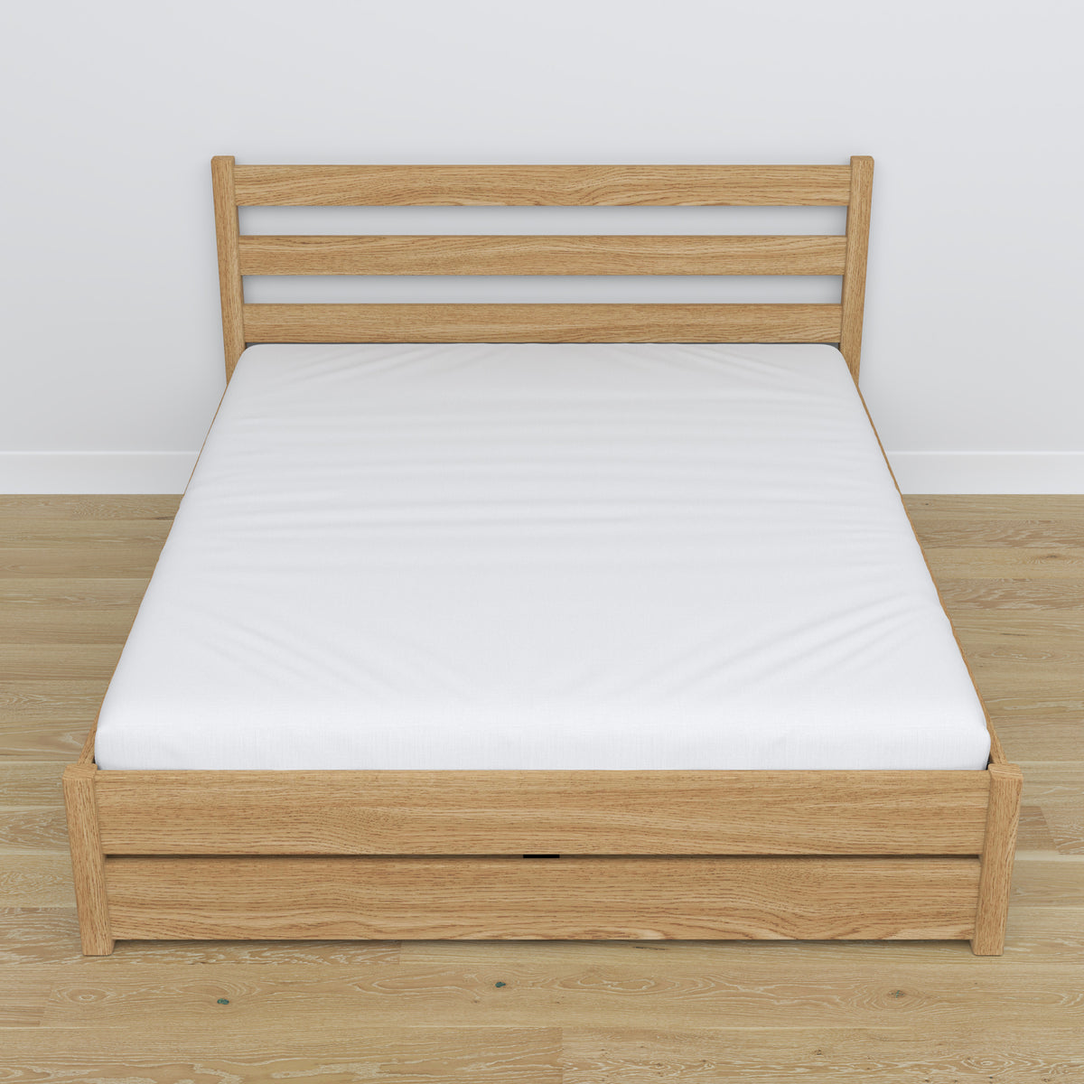 Tweepersoonsbed met lade eikenhouten naturel eiken – schuin aanzicht, scandi slaapkamer