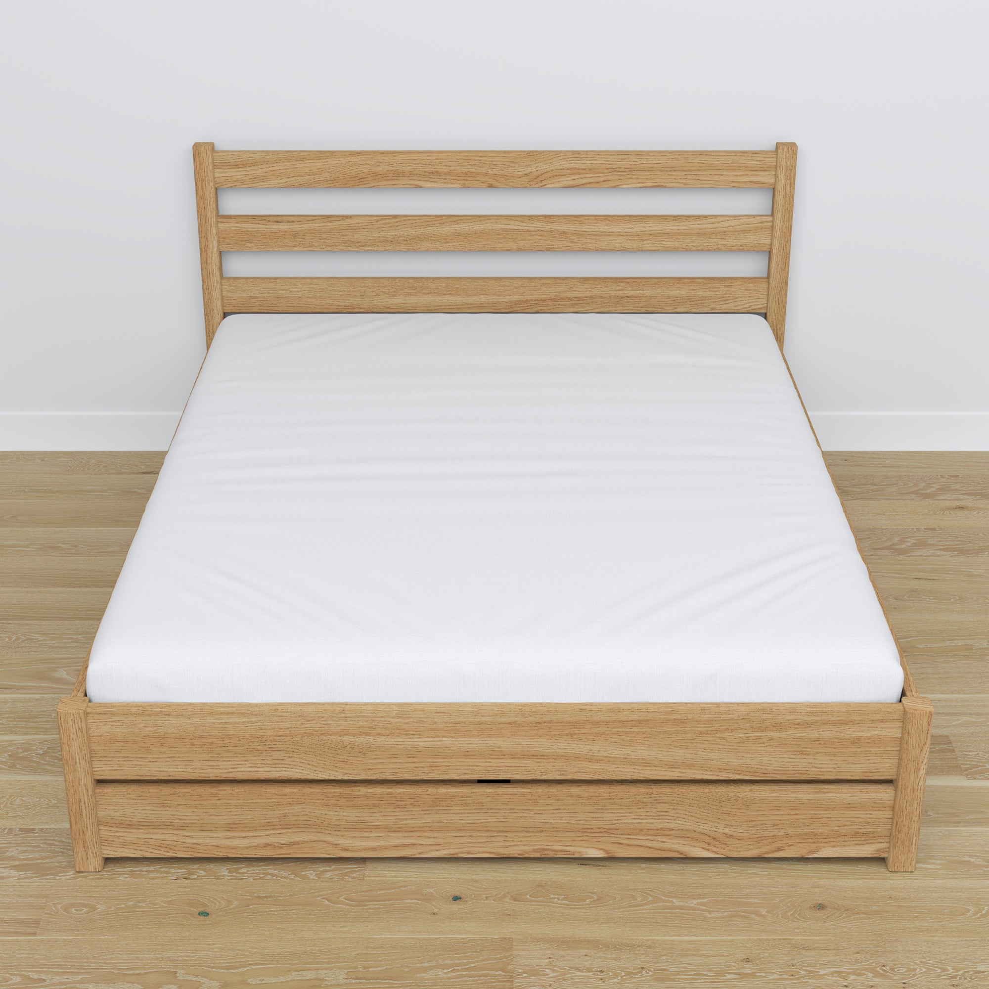 Tweepersoonsbed met lade eikenhouten naturel eiken – schuin aanzicht, scandi slaapkamer