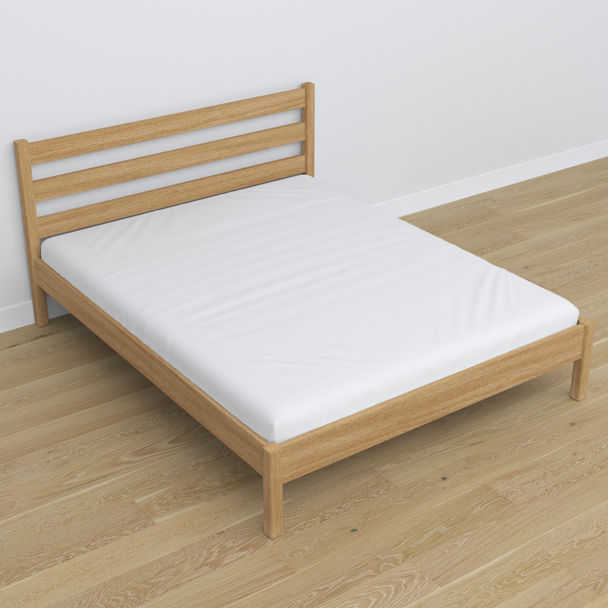 Tweepersoonsbed naturel eiken in de slaapkamer – inrichting met beddengoed, scandi stijl