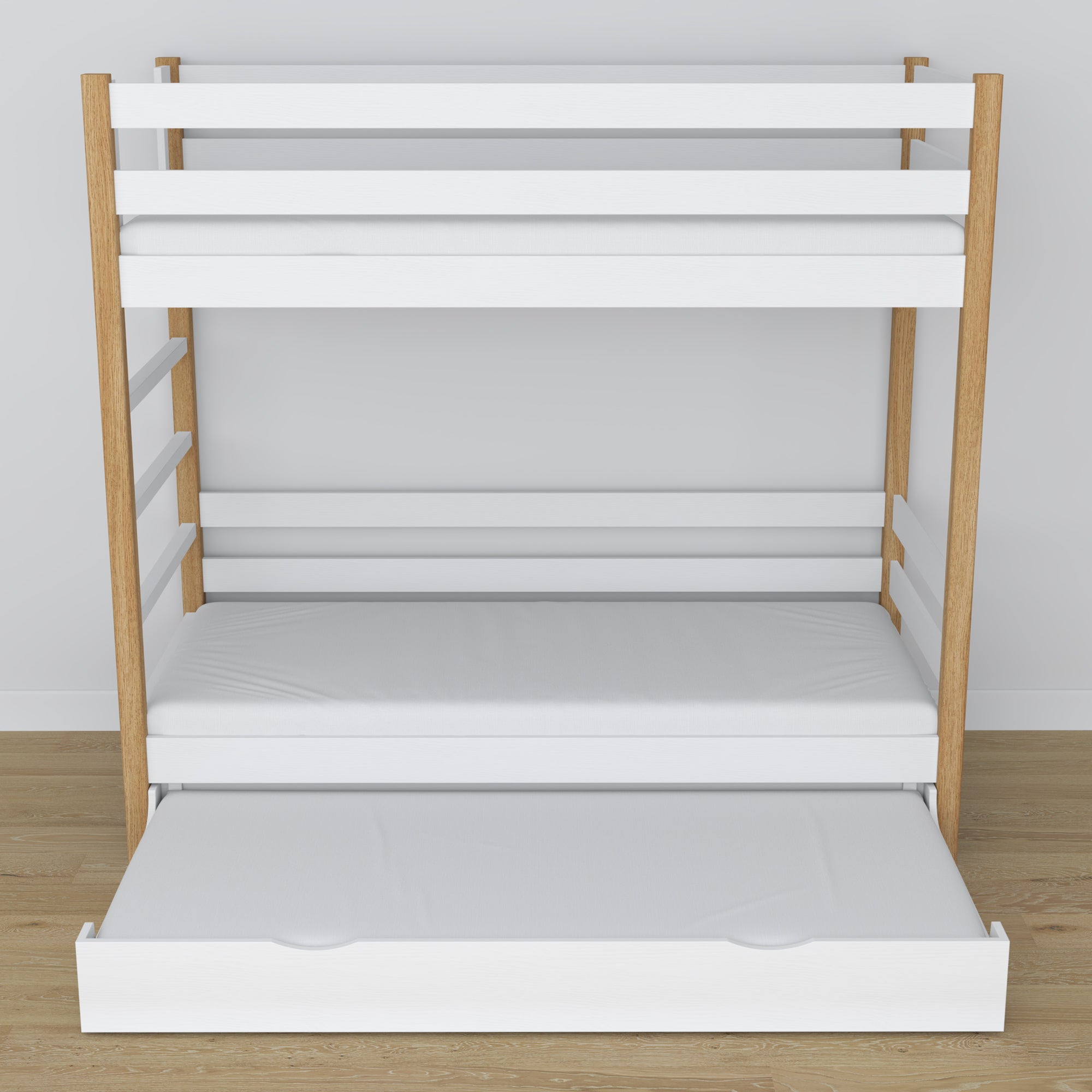 White and Oak Bunk Bed – Wooden Slatted Frame, Mattress Drawer