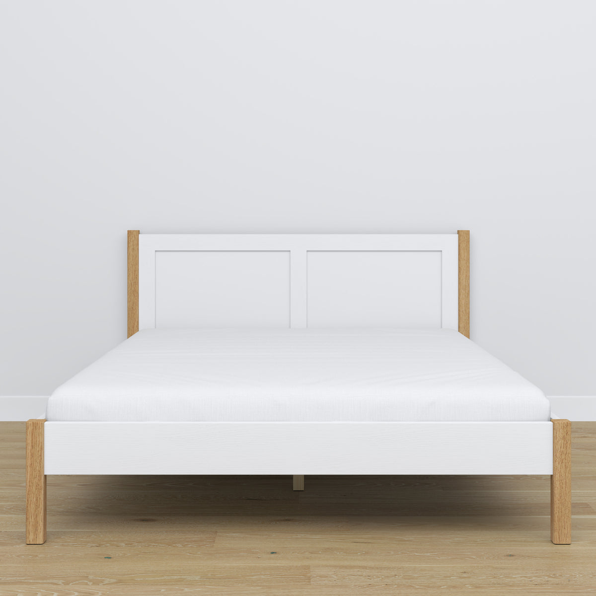 Tweepersoonsbed houten wit-eiken – zijaanzicht, proporties en vorm, slaapkamer