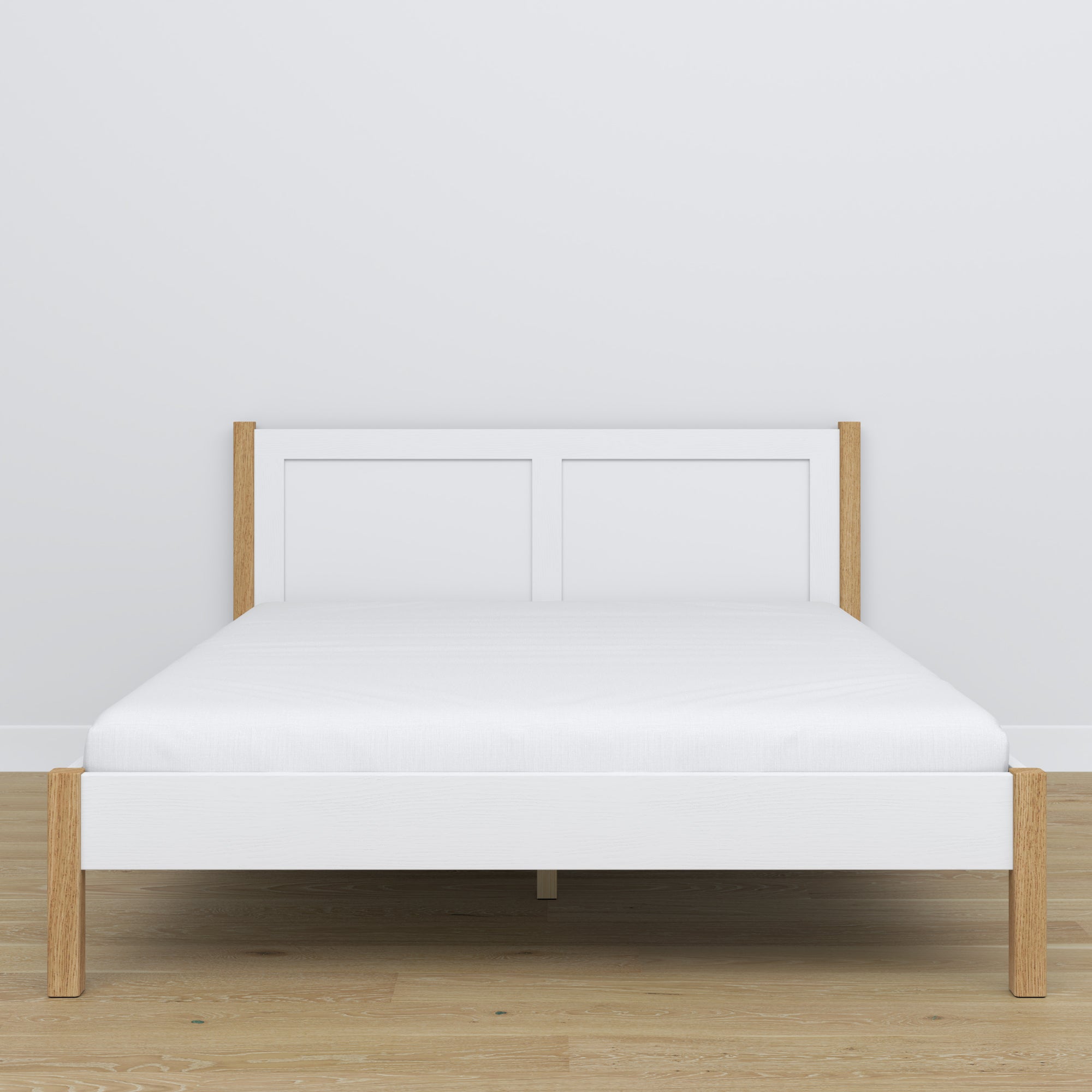 Tweepersoonsbed houten wit-eiken – zijaanzicht, proporties en vorm, slaapkamer