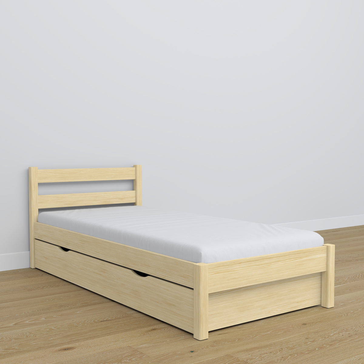 Wooden bed with drawer clear pine – child’s room, scandi arrangement