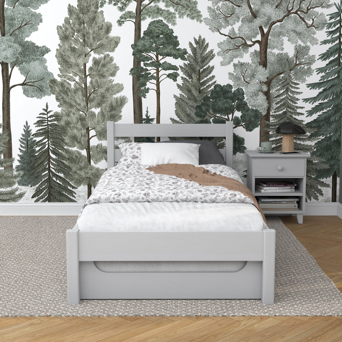 Bed grey with mattress drawer – side view, wooden, Nizio Home