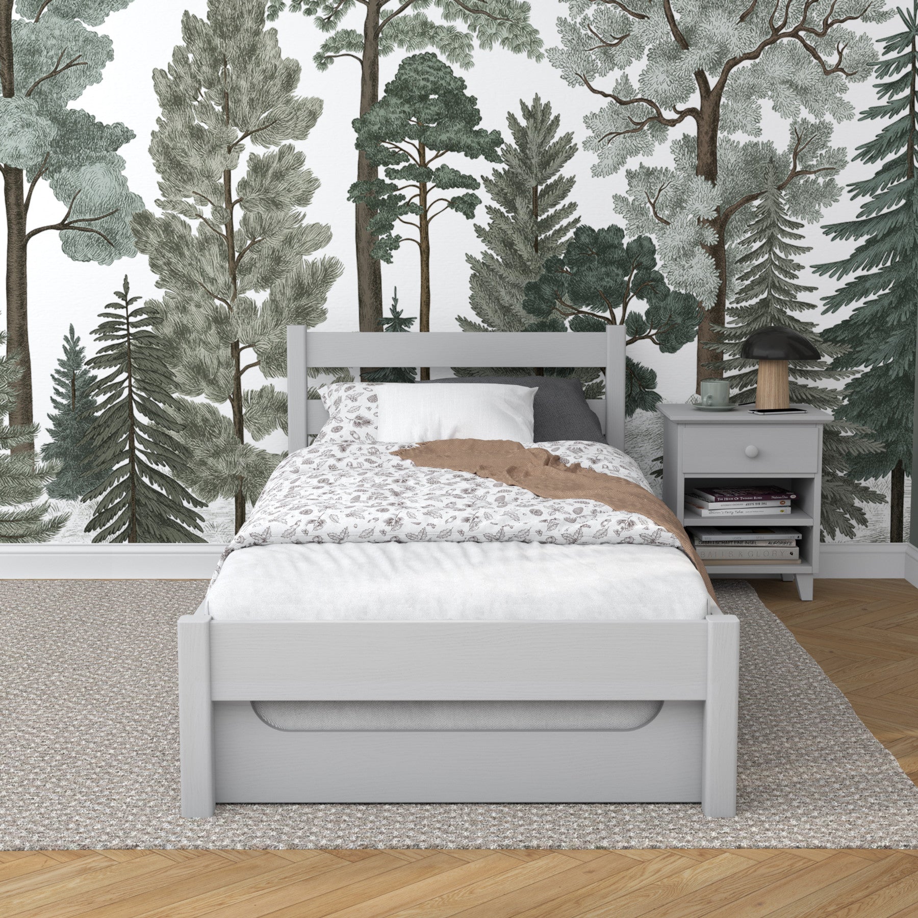 Bed grey with mattress drawer – side view, wooden, Nizio Home