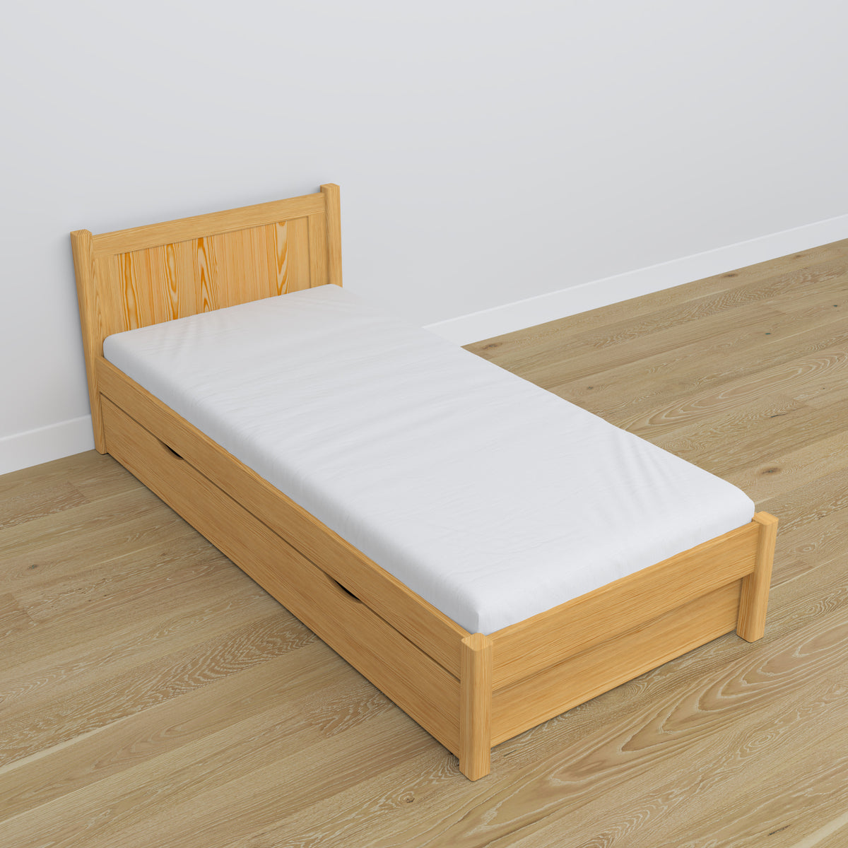 Natural pine bed with drawer – runners and wooden details, Nizio