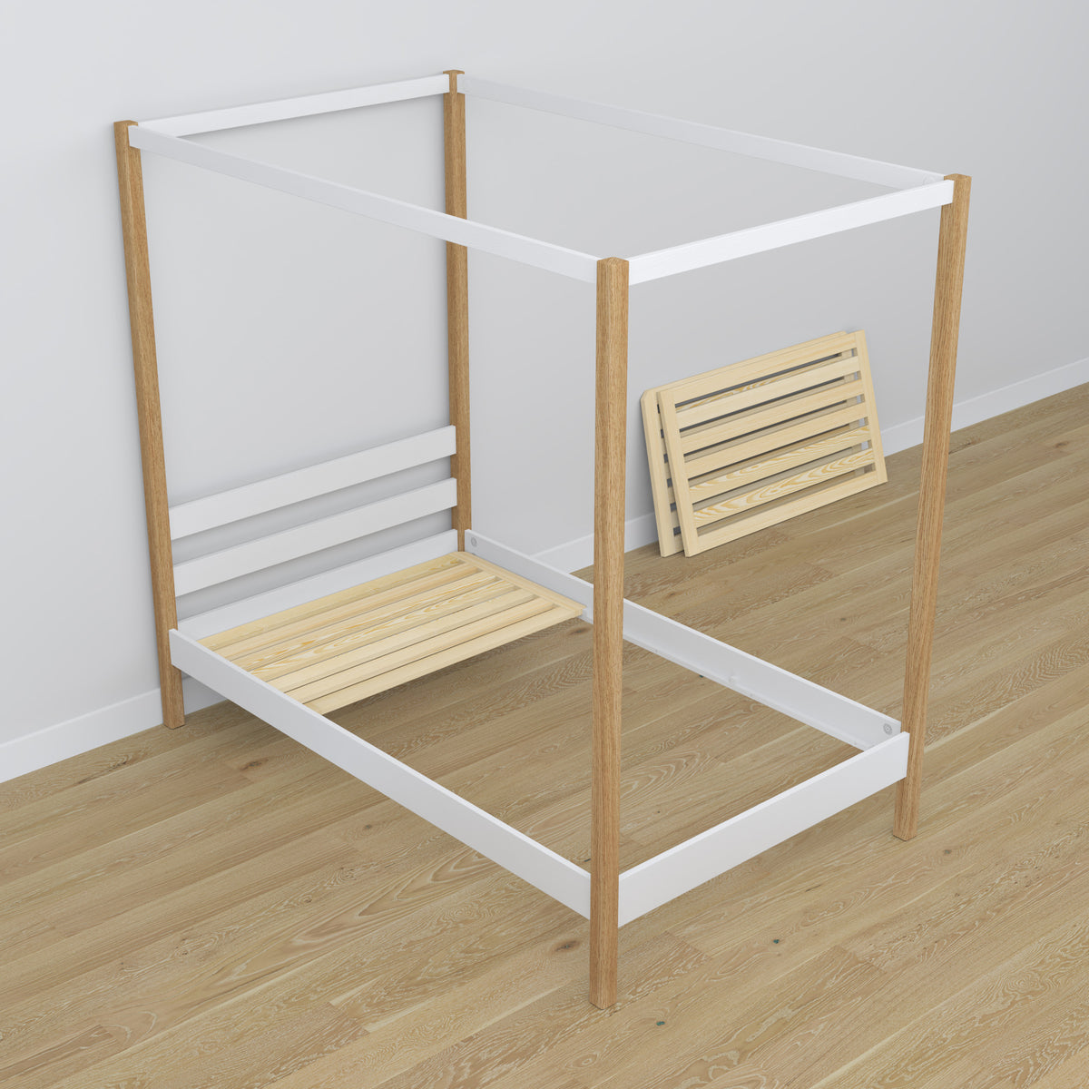 Lit à baldaquin en bois blanc-chêne – décoration de chambre d'enfant scandinave