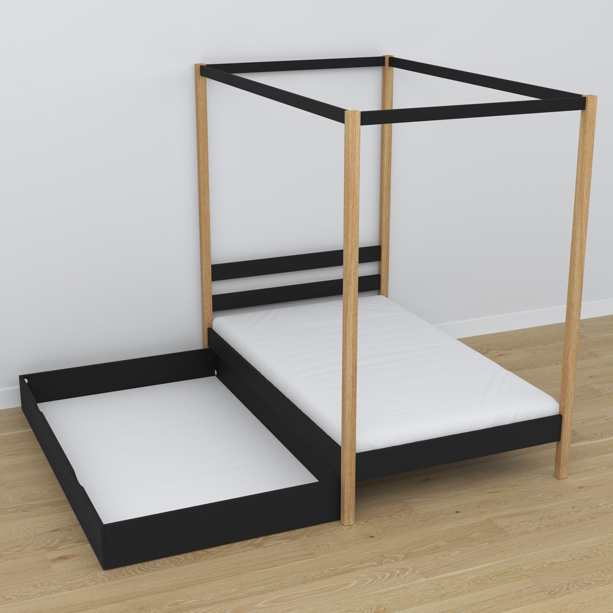 Bed zwart-eiken met hemel en lade – zijaanzicht, houten