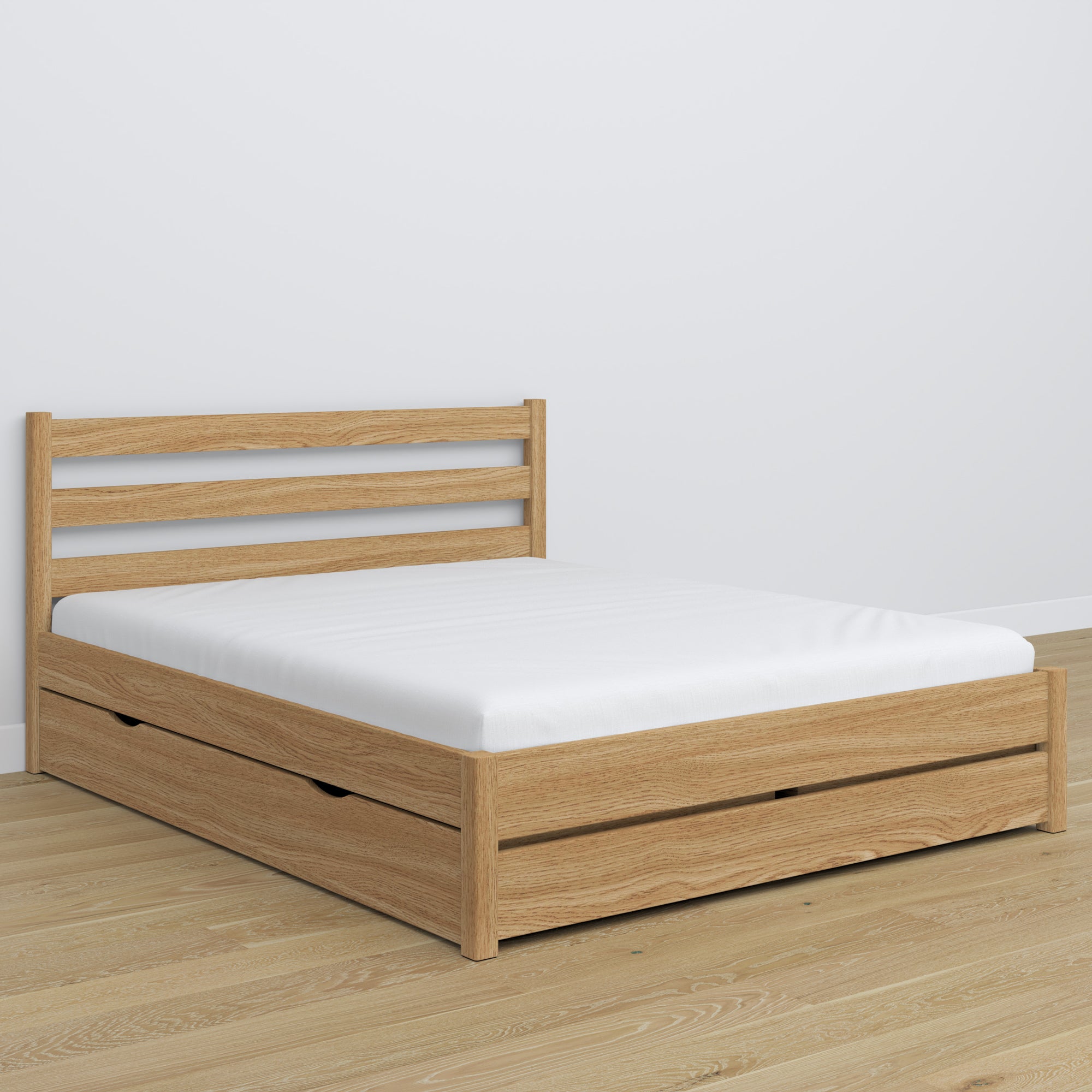 Tweepersoonsbed naturel eiken met lade – eiken hoofdeinde, close-up