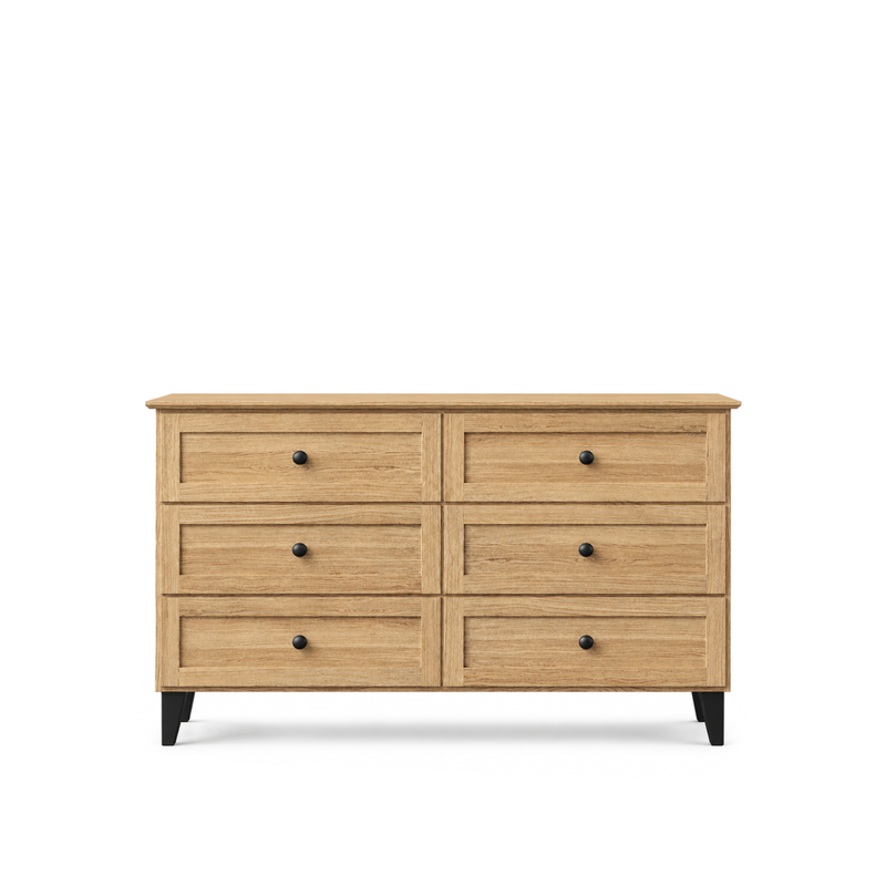 Ladekast met 6 lades eikenhouten naturel eiken met zwart 154 cm – slaapkamer, Scandinavische stijl