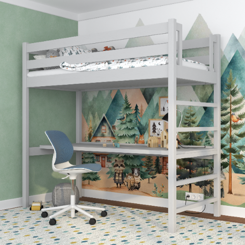 Houten hoogslaperbed met bureau grijs – ladder en veiligheidsbeugel