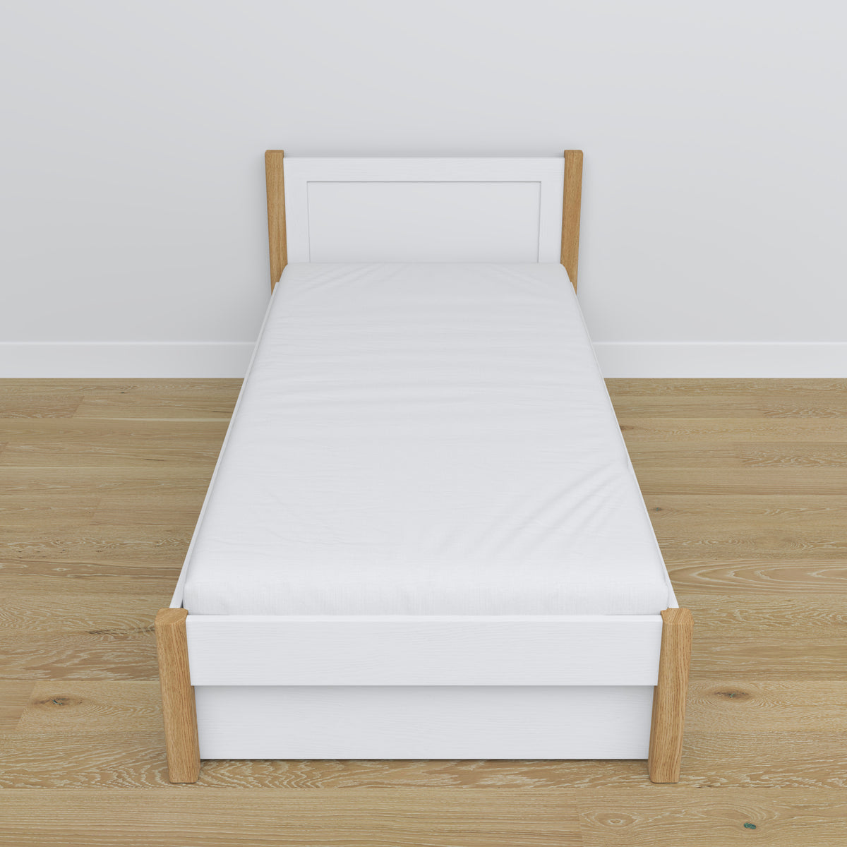 Bed white/oak with drawer – runners and wooden details, Nizio