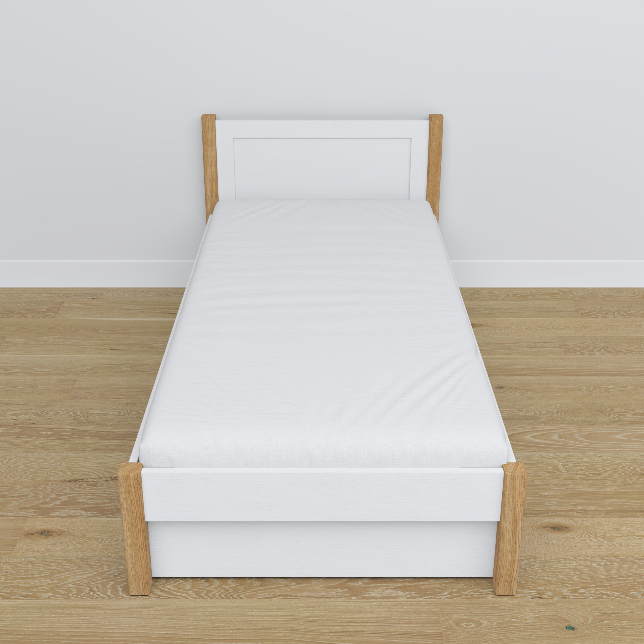 Bed white/oak with drawer – runners and wooden details, Nizio