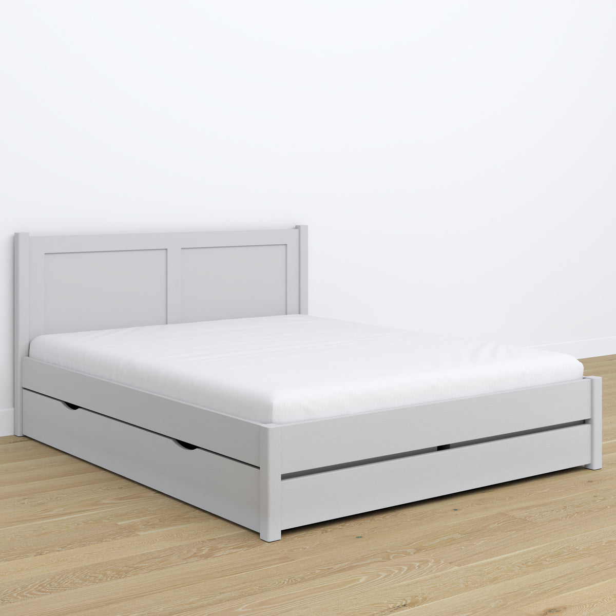 Tweepersoonsbed grijs met lade – houten hoofdeinde, close-up