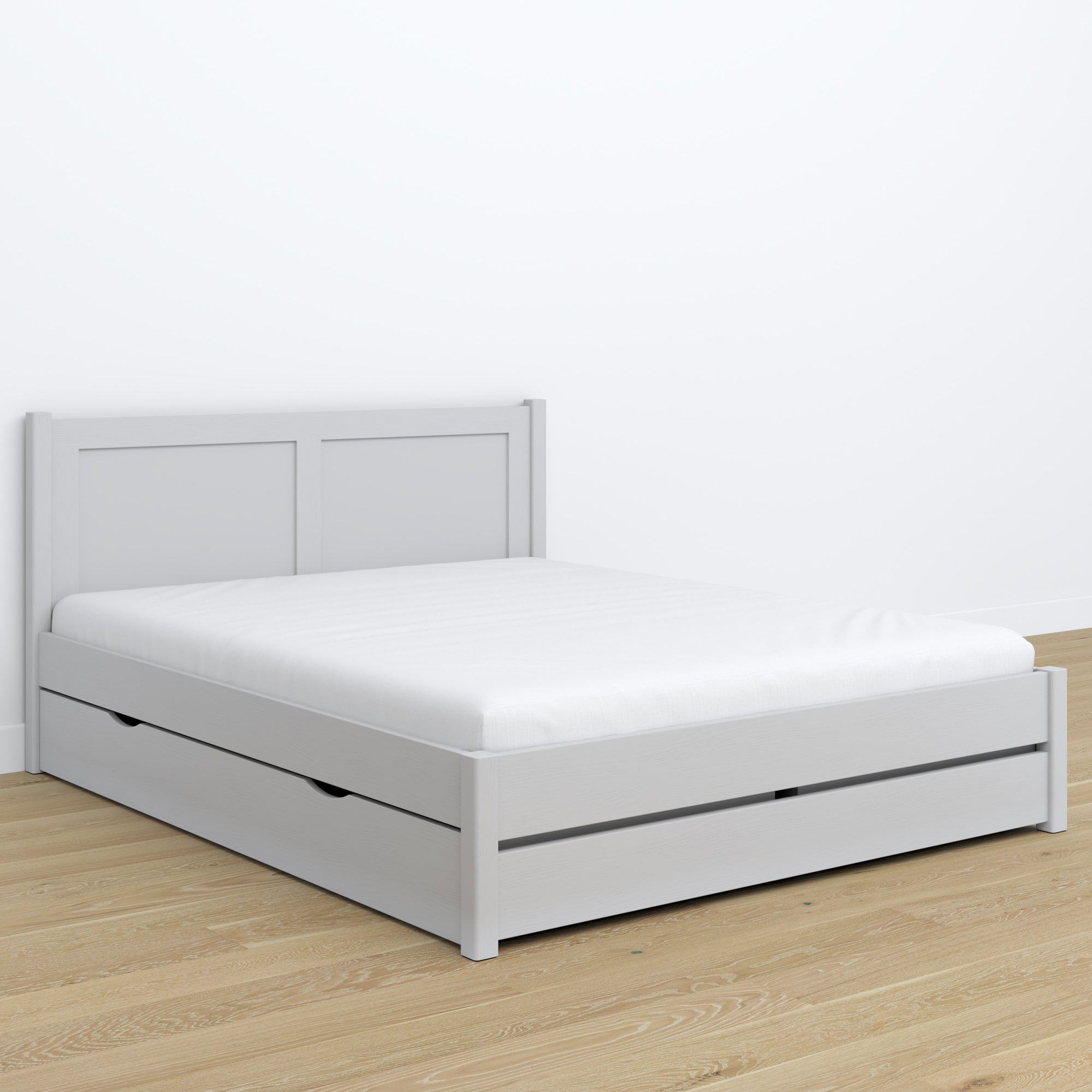 Tweepersoonsbed grijs met lade – houten hoofdeinde, close-up