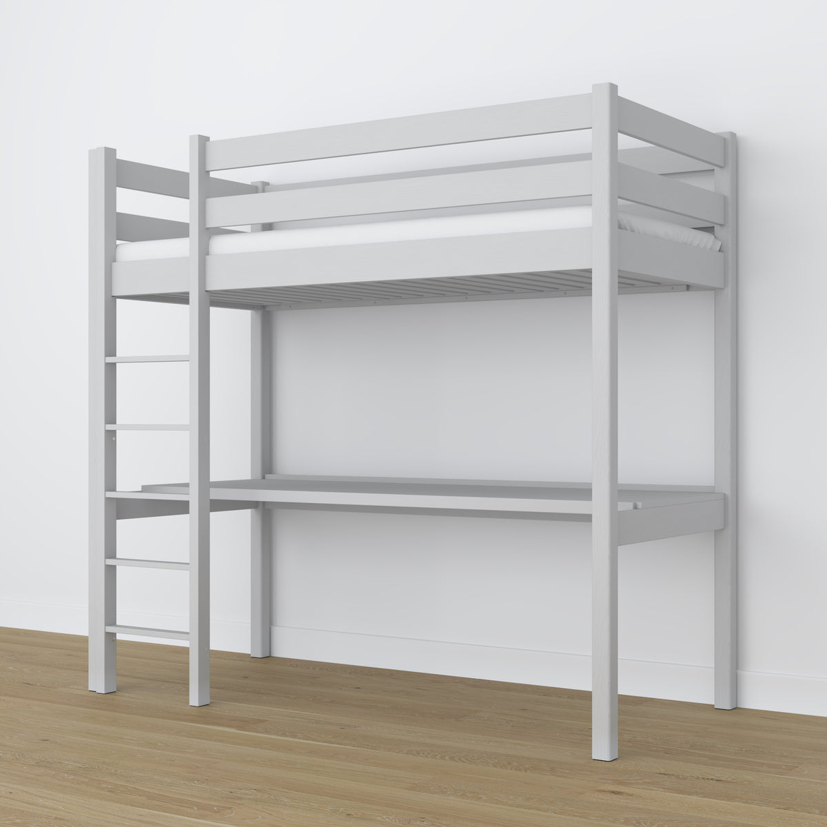 Lit mezzanine en bois gris avec bureau – sommier i lattes, Nizio