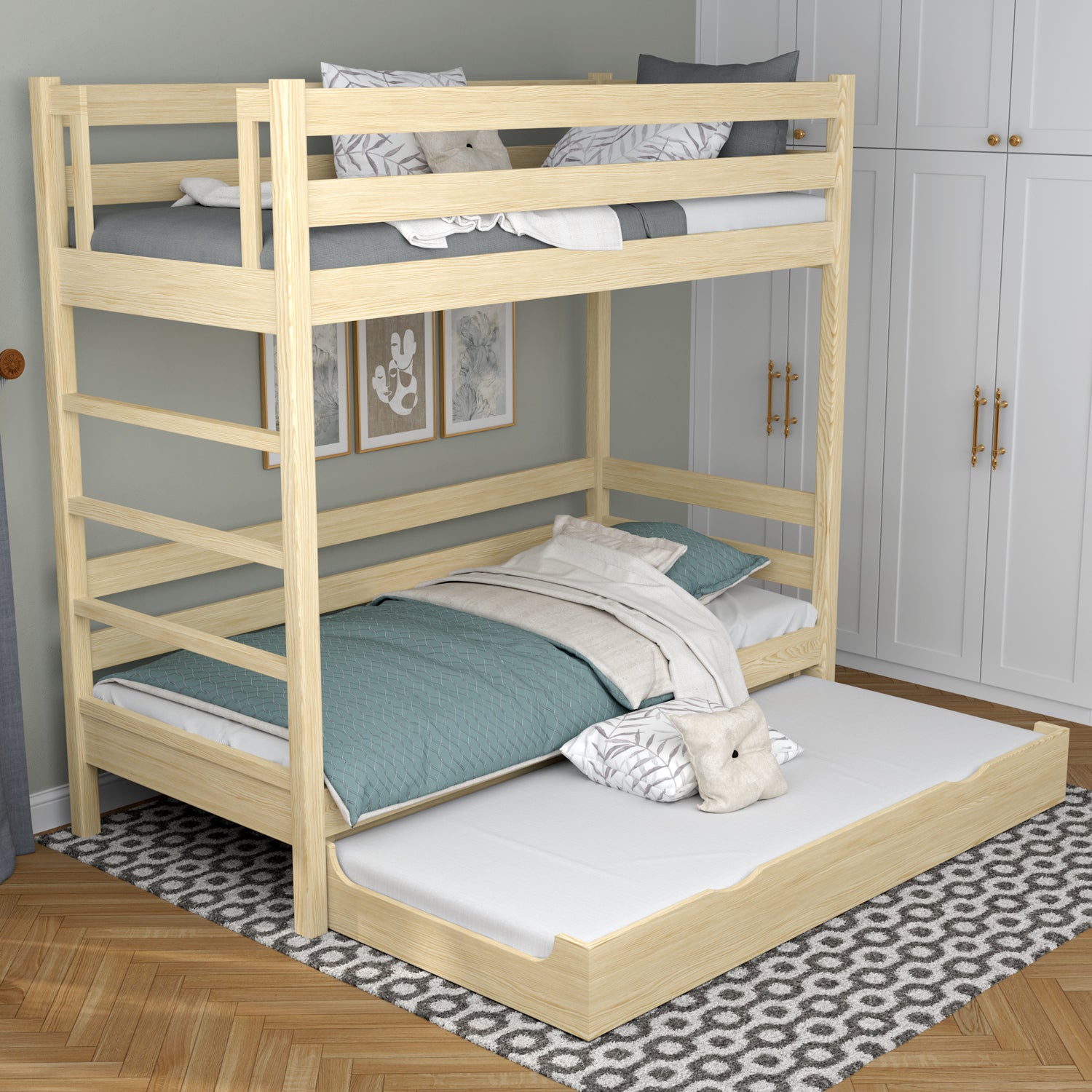 Stapelbed transparant grenen voor kinderen – matraslade, houten, Nizio