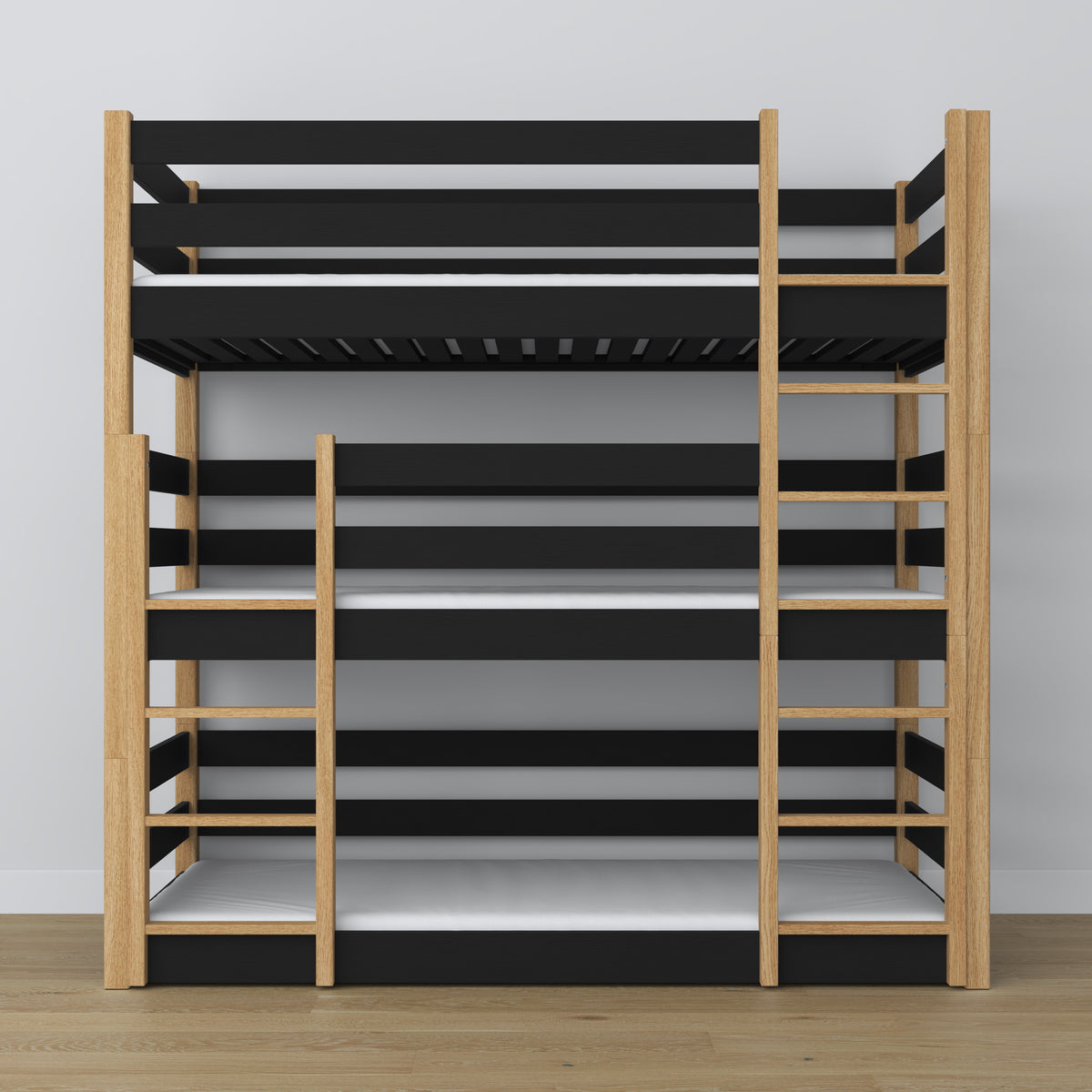 3-laags stapelbed zwart met eiken – ladder en veiligheidshekken, houten