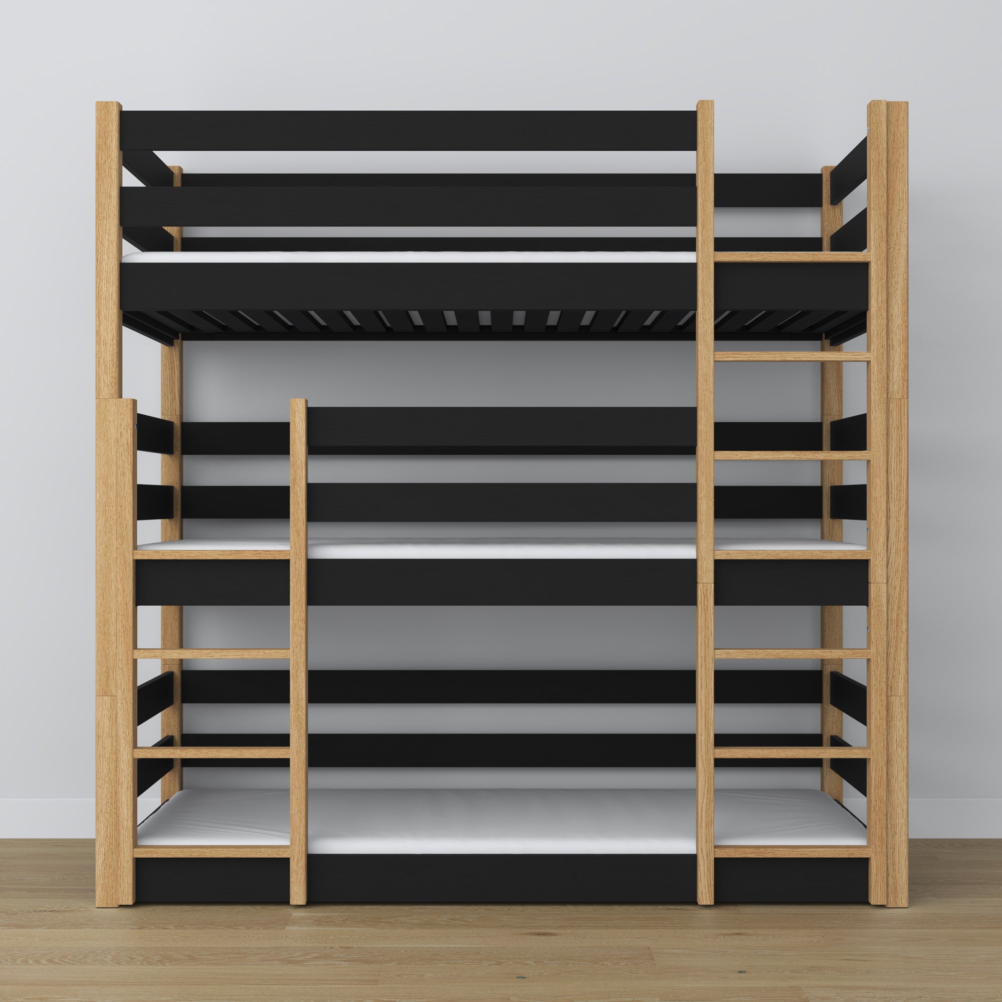 3-laags stapelbed zwart met eiken – ladder en veiligheidshekken, houten