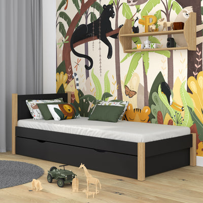 Lit simple avec tiroir en bois noir-chêne – chambre d'enfant, style scandinave