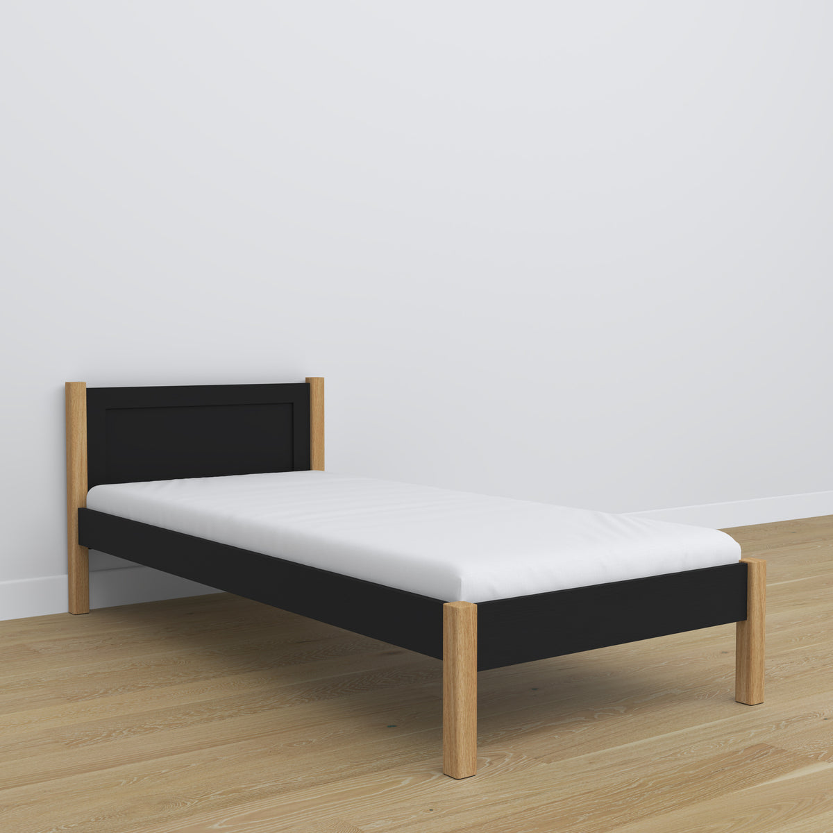 Lit simple en bois noir-chêne – détails des assemblages et du bois, Nizio Home