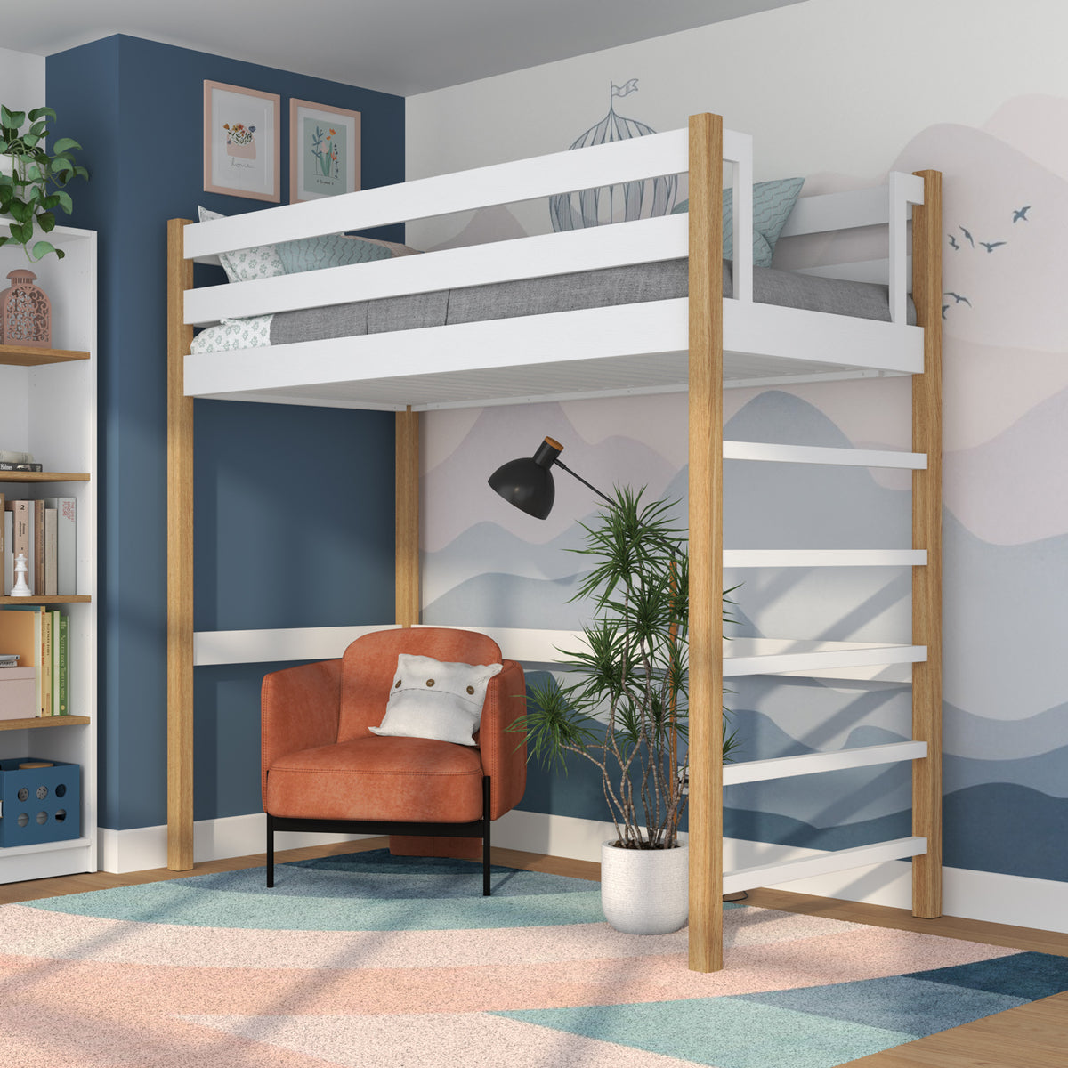 Lit mezzanine en bois blanc-chêne – espace libre sous la chambre, Nizio